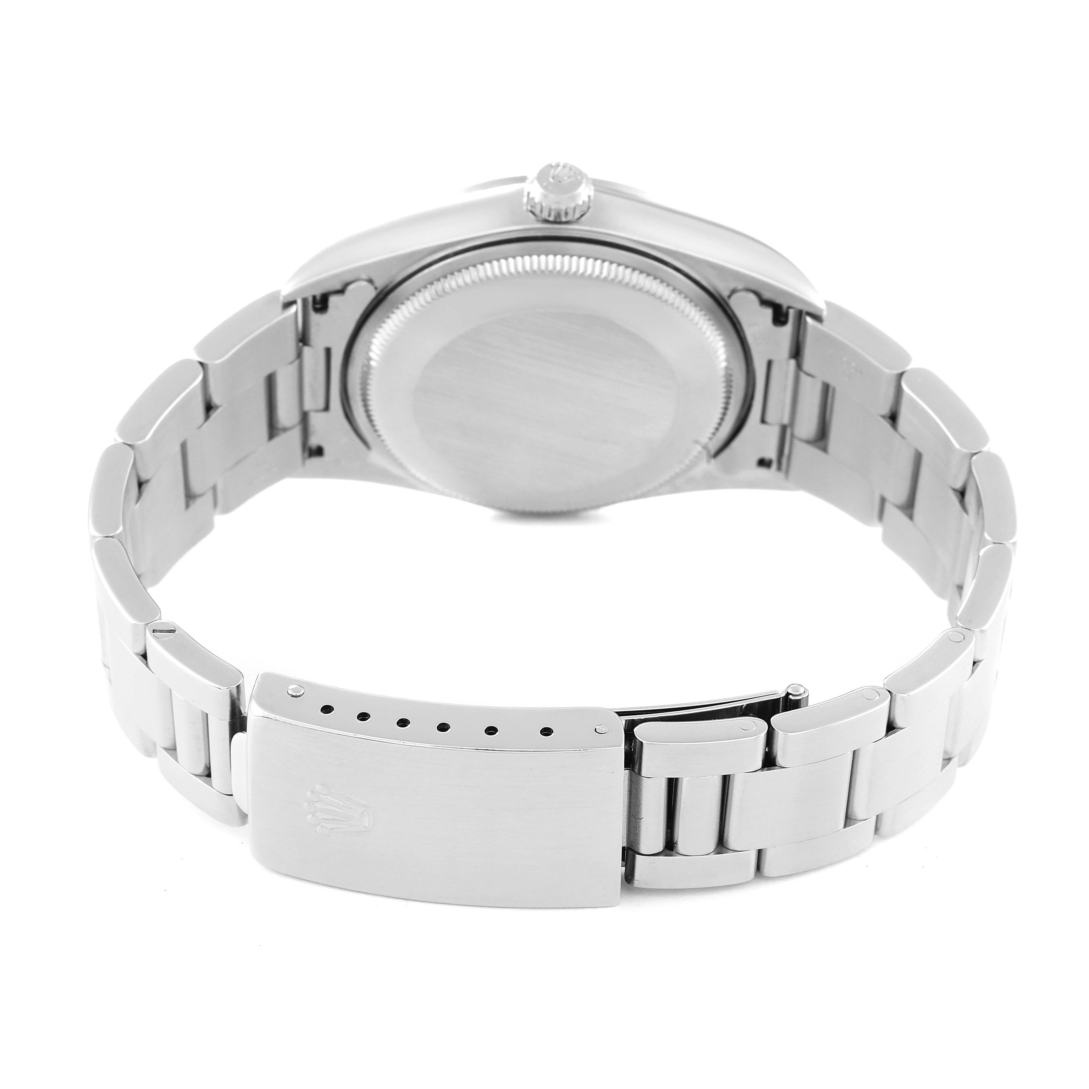 This image shows the back and clasp of a Rolex Air-King 14000 Men's Stainless Steel Silver Dial 14000 Men's Stainless Steel Silver Dial watch, highlighting the bracelet and case back.