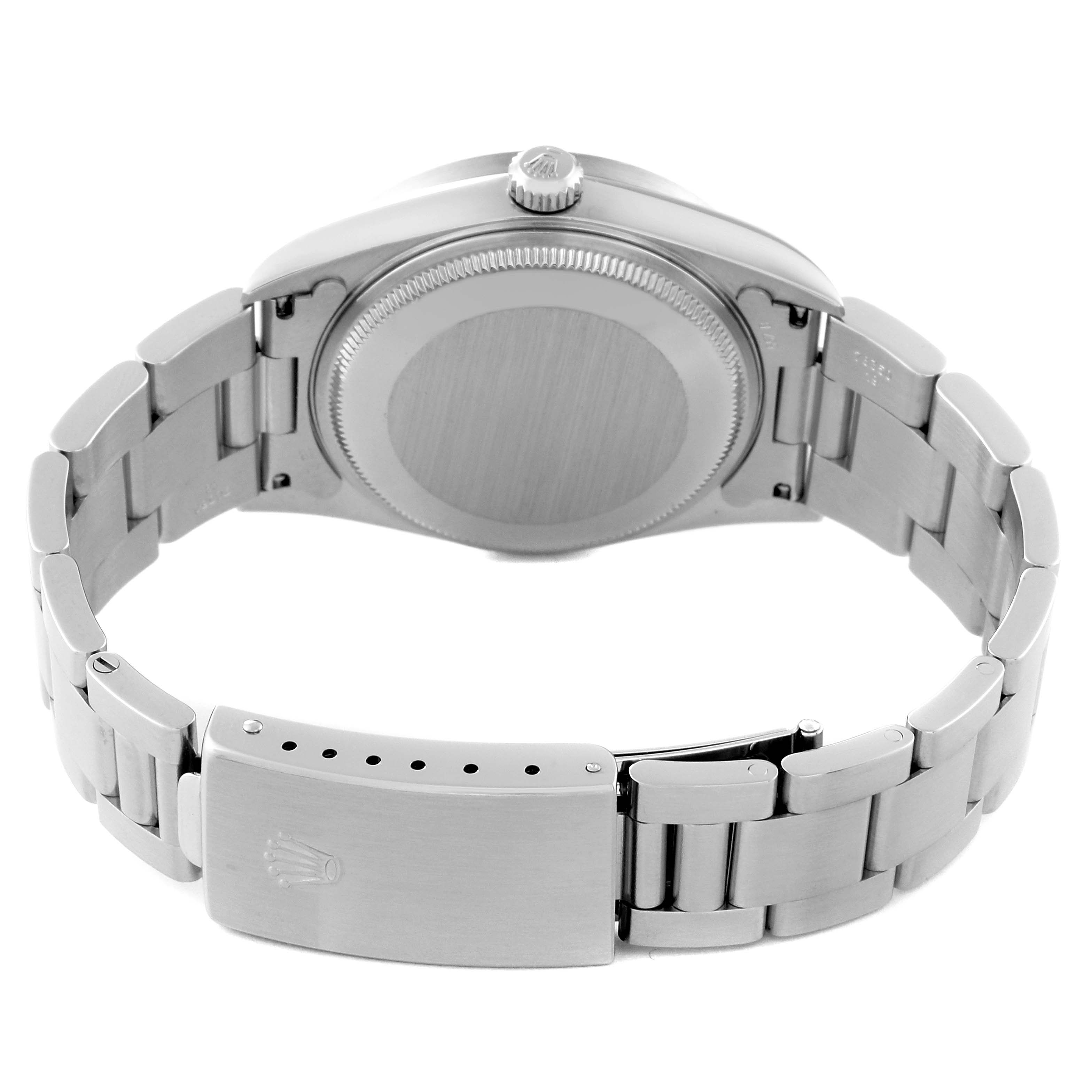 This image shows the back view of the Rolex Air-King 14010 Men's Stainless Steel Black Dial 14010 Men's Stainless Steel Black Dial watch, highlighting the case back, crown, and metal bracelet with clasp.