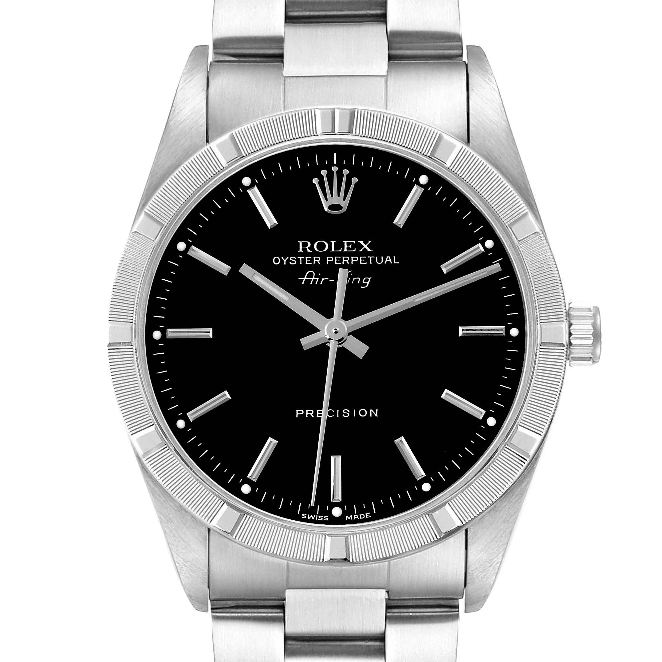 The Rolex Air-King 14010 Men's Stainless Steel Black Dial 14010 Men's Stainless Steel Black Dial watch is shown from a front angle, displaying its black dial, silver hands, indexes, and bezel.