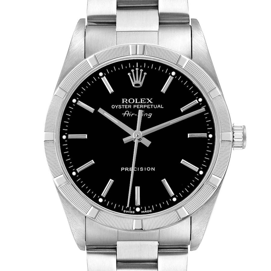 The Rolex Air-King watch is shown from a front angle, displaying its black dial, silver hands, indexes, and bezel.