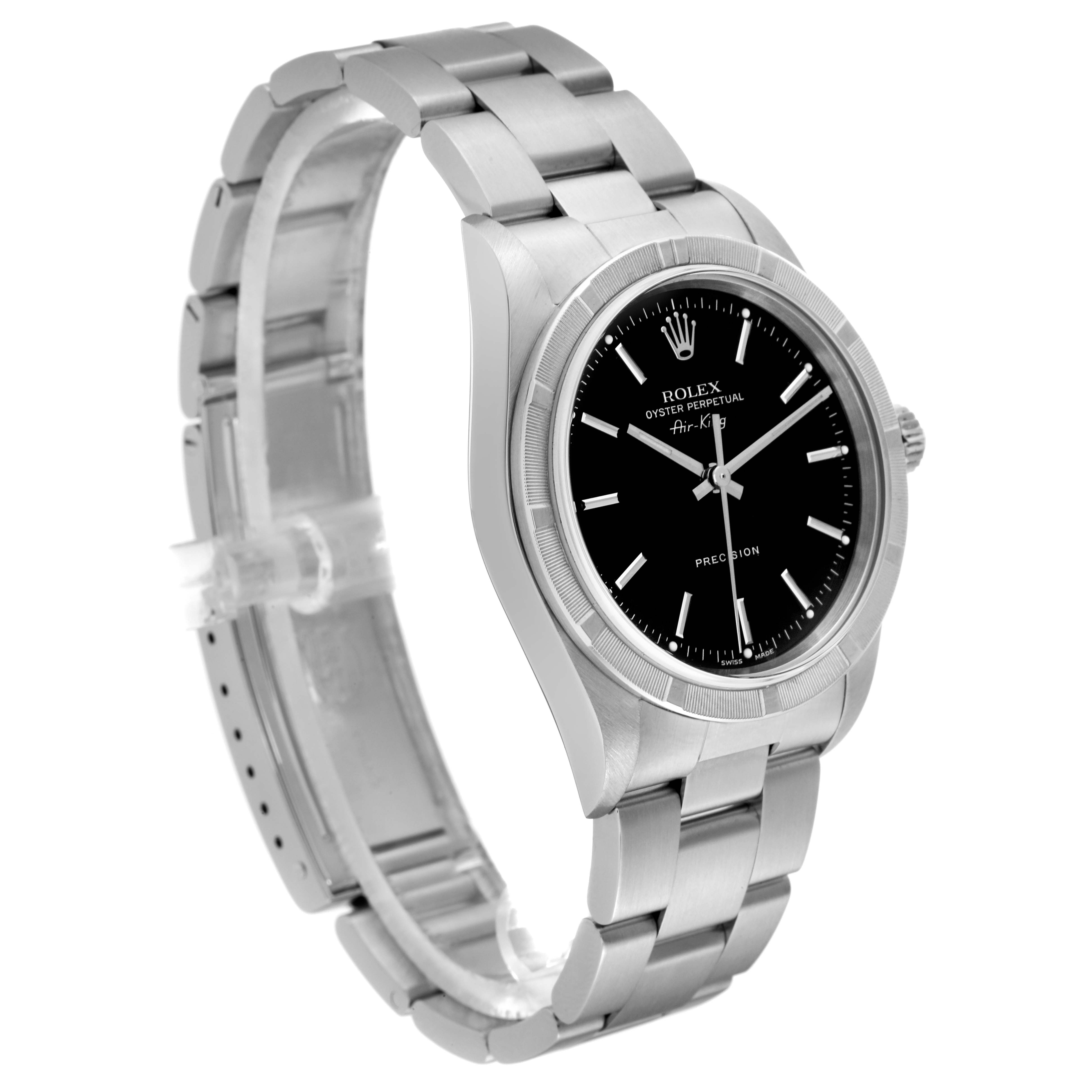 The Rolex Air-King 14010 Men's Stainless Steel Black Dial 14010 Men's Stainless Steel Black Dial watch is shown from an angled side view, displaying the bracelet, case, dial, and crown.