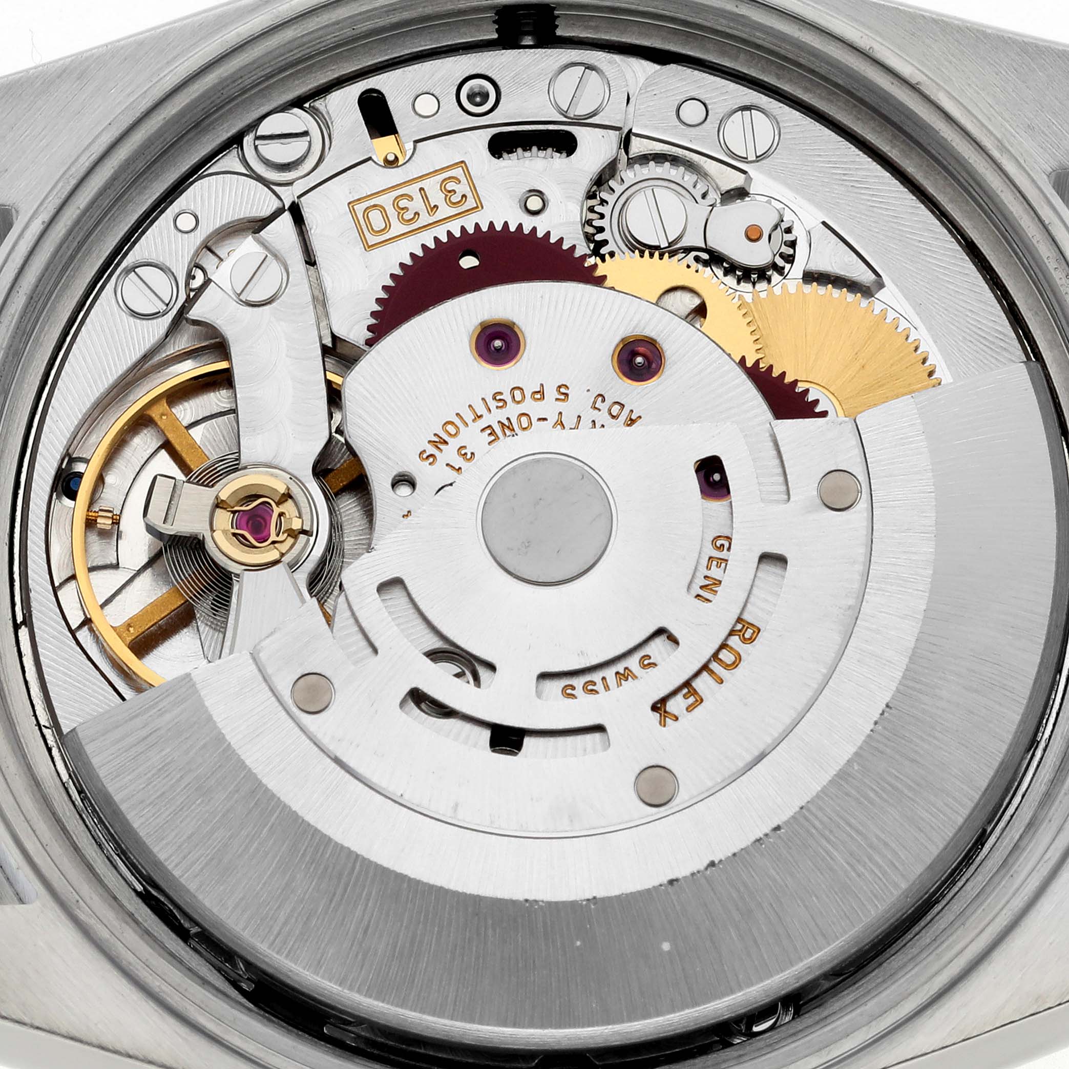 The image shows the inner mechanism of a Rolex Air-King 14010 Men's Stainless Steel Black Dial 14010 Men's Stainless Steel Black Dial watch from a close-up, showcasing its intricate gears and components.