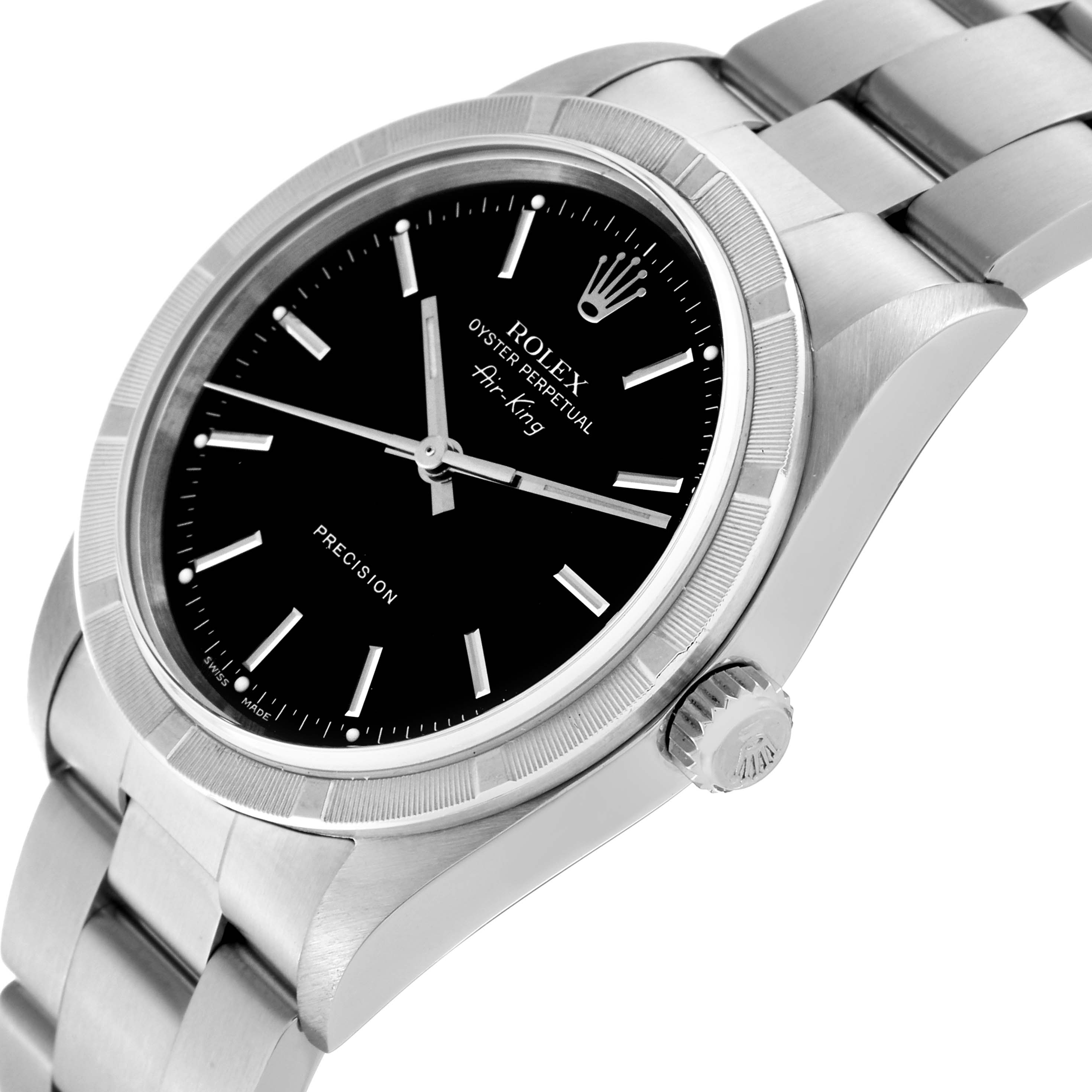 This image shows a Rolex Air-King 14010 Men's Stainless Steel Black Dial 14010 Men's Stainless Steel Black Dial watch at an angled view, highlighting the dial, bezel, crown, and bracelet.