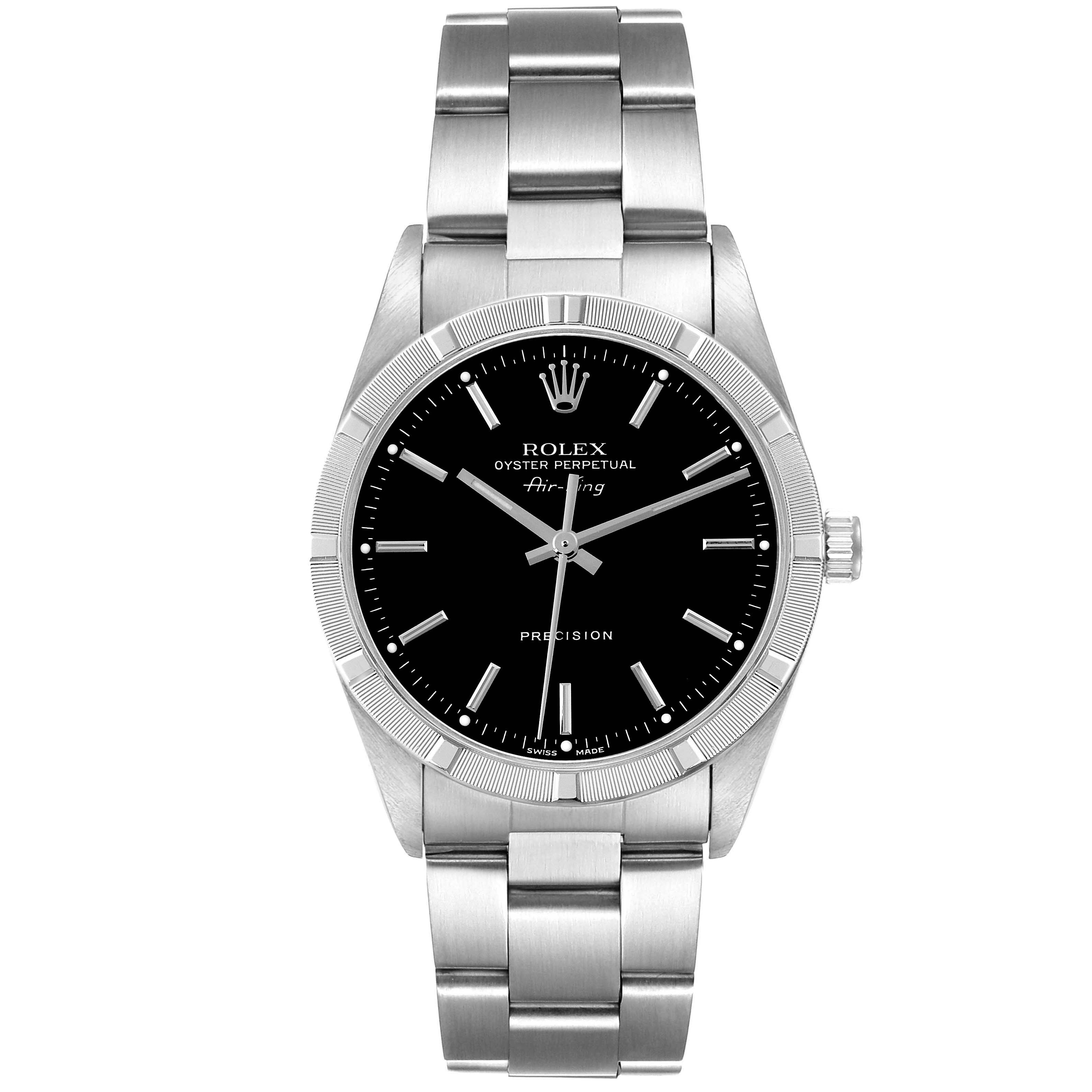 The image shows a front view of an Air-King model Rolex watch, displaying its black dial, silver markers, and bracelet.