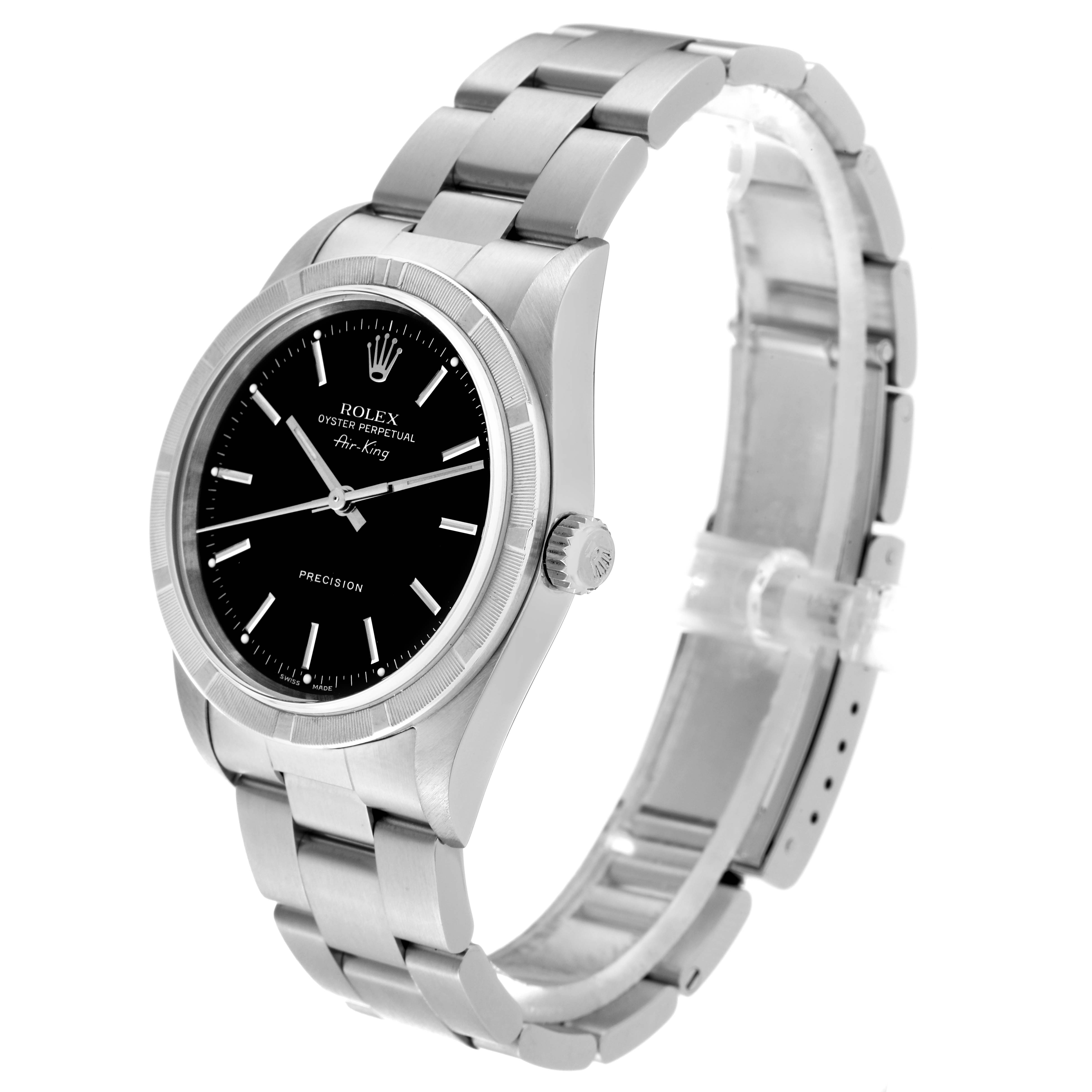 The Rolex Air-King 14010 Men's Stainless Steel Black Dial 14010 Men's Stainless Steel Black Dial watch is shown at a three-quarter angle, featuring its face, crown, and metal bracelet.