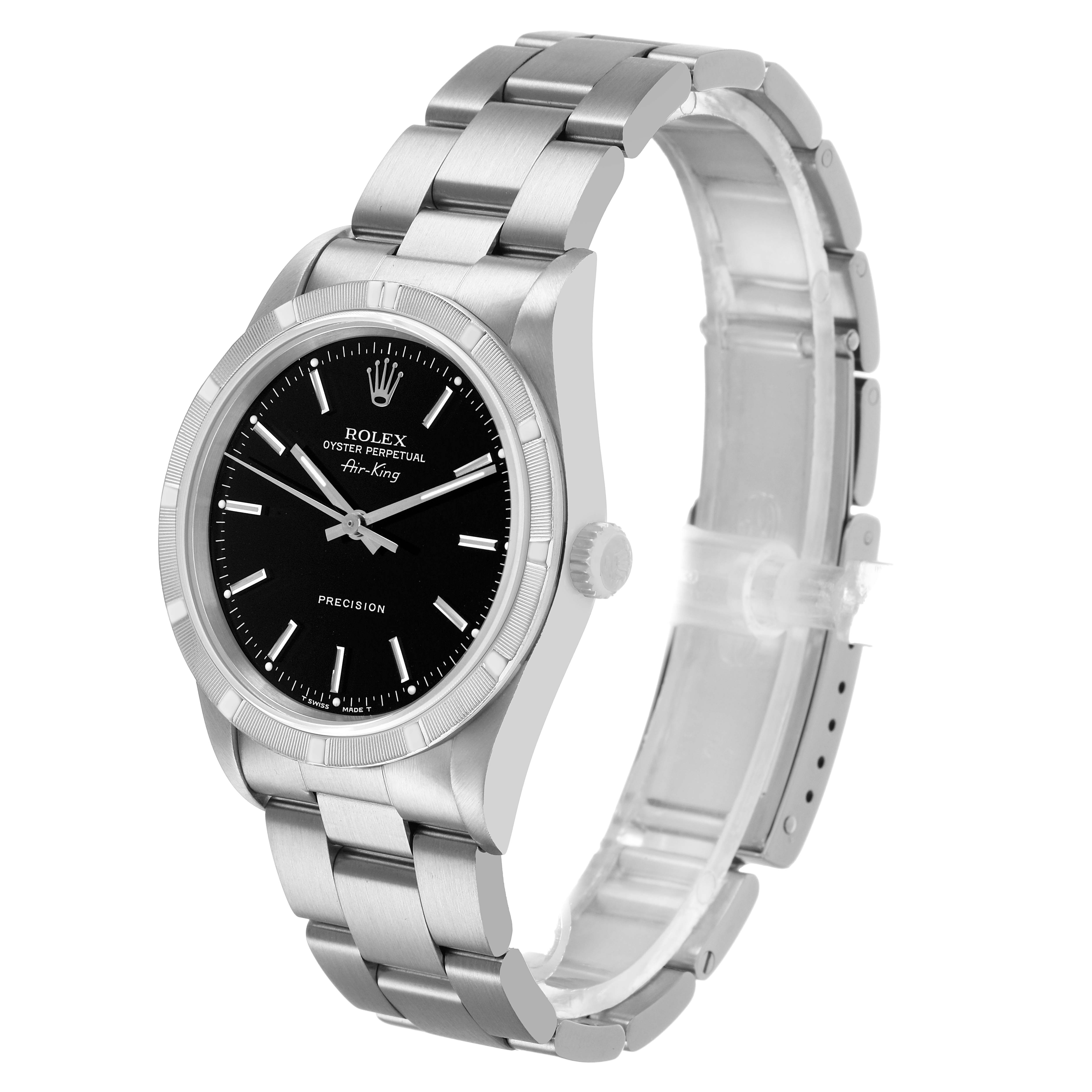 The Rolex Air-King 14010 Men's Stainless Steel Black Dial watch is shown at an angled side view, displaying the dial, bezel, bracelet, and crown.