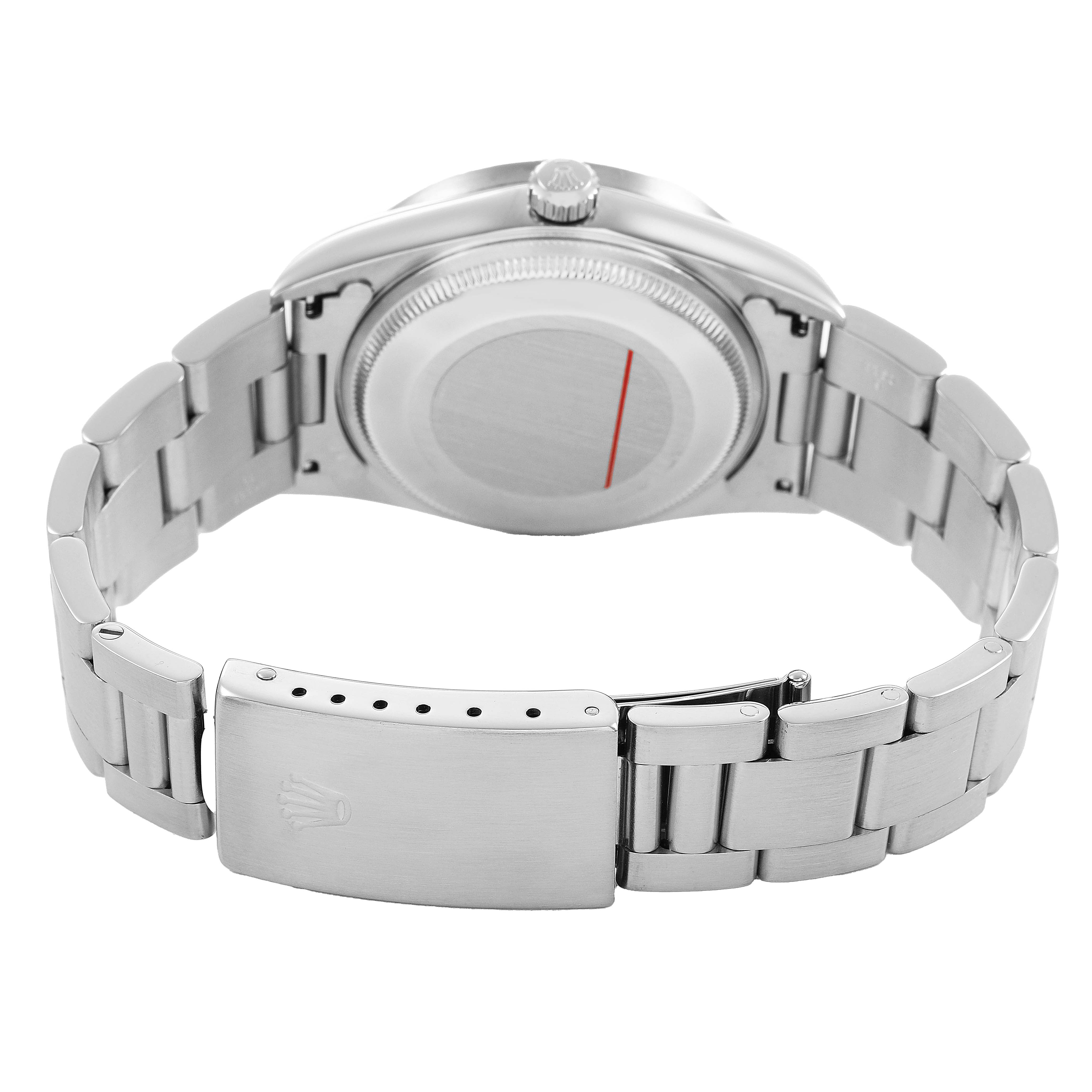 The image shows the rear view of a Rolex Air-King 14010 Men's Stainless Steel Black Dial, highlighting the case back, bracelet, clasp, and winding crown.