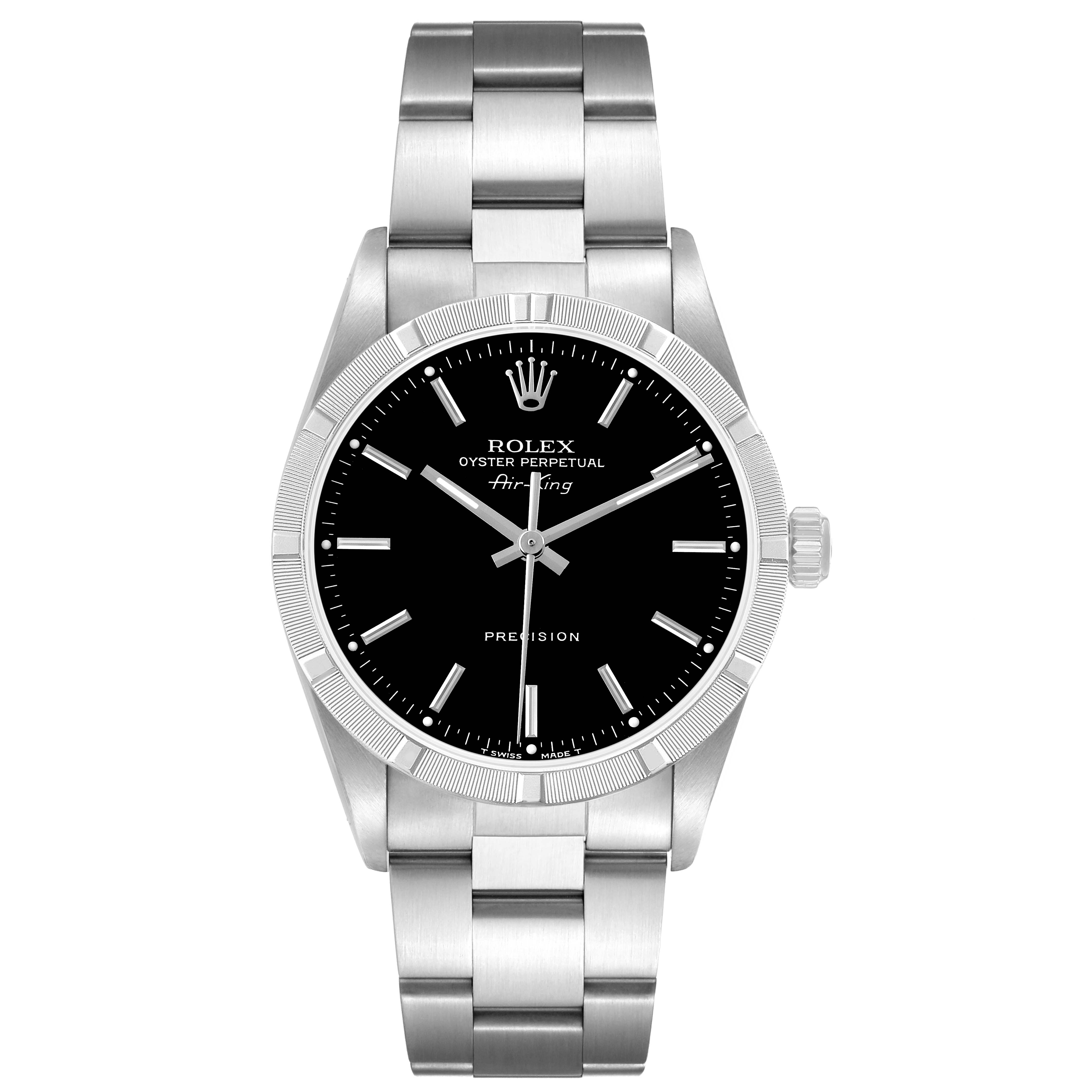 The Rolex Air-King 14010 Men's Stainless Steel Black Dial watch is shown from the front, displaying the dial, bezel, crown, and bracelet.