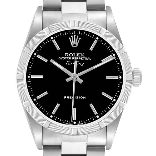 The Rolex Air-King 14010 Men's Stainless Steel Black Dial watch is shown from a front angle, highlighting the dial, bezel, crown, and bracelet.