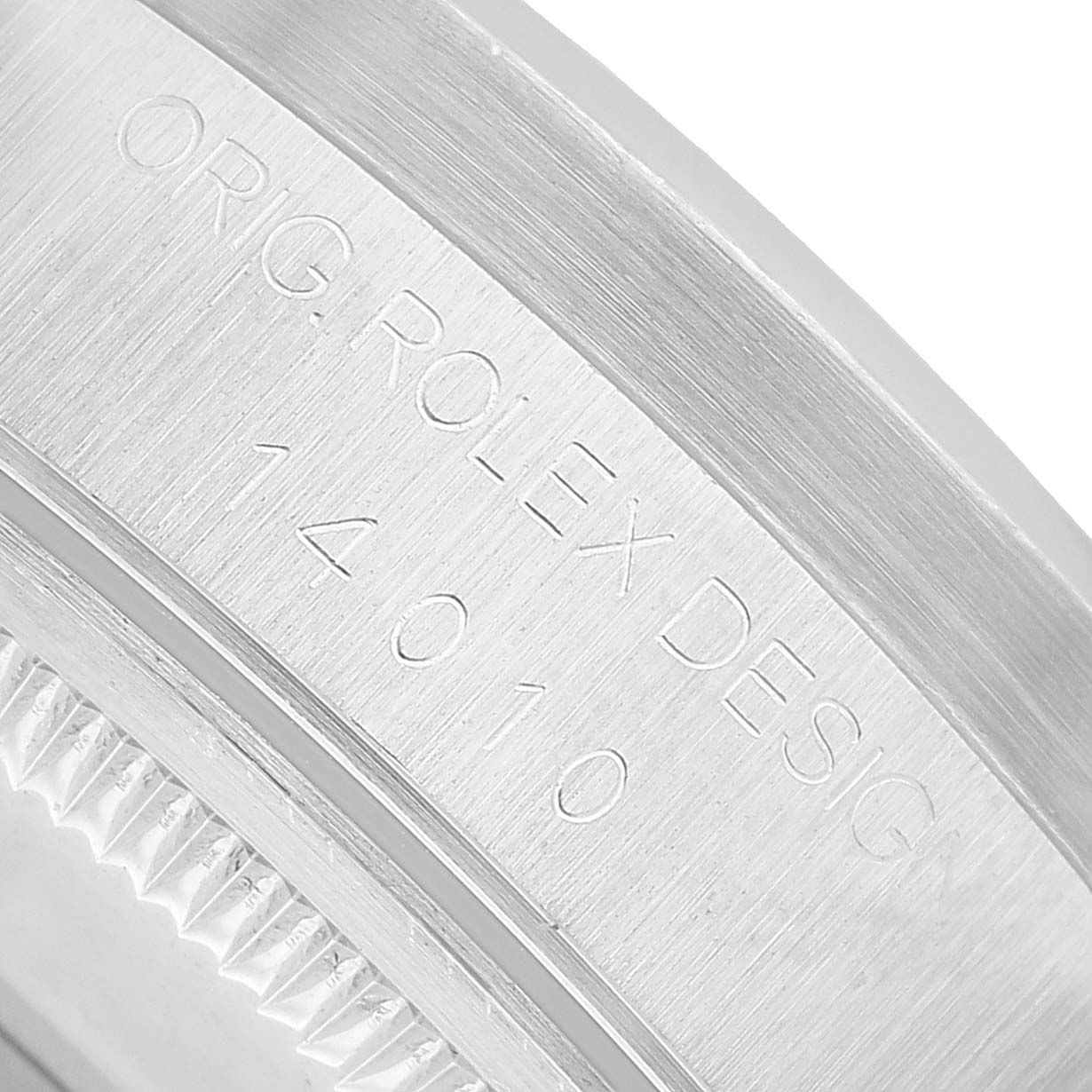 The image shows a close-up of the side casing of a Rolex Air-King 14010 Men's Stainless Steel Black Dial, featuring the model number engraving.