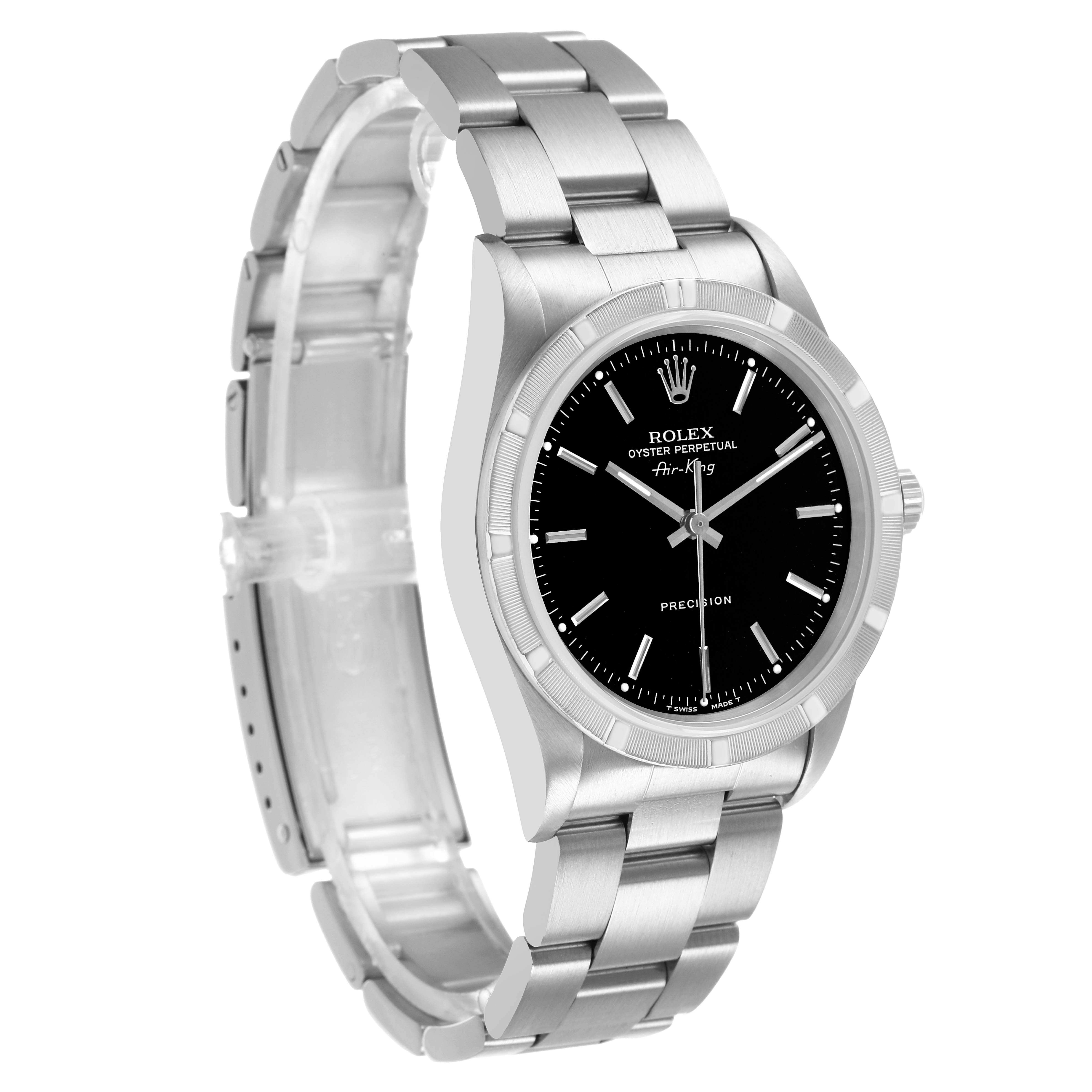The Rolex Air-King 14010 Men's Stainless Steel Black Dial watch is shown at a three-quarter angle, displaying the face, bezel, and bracelet.