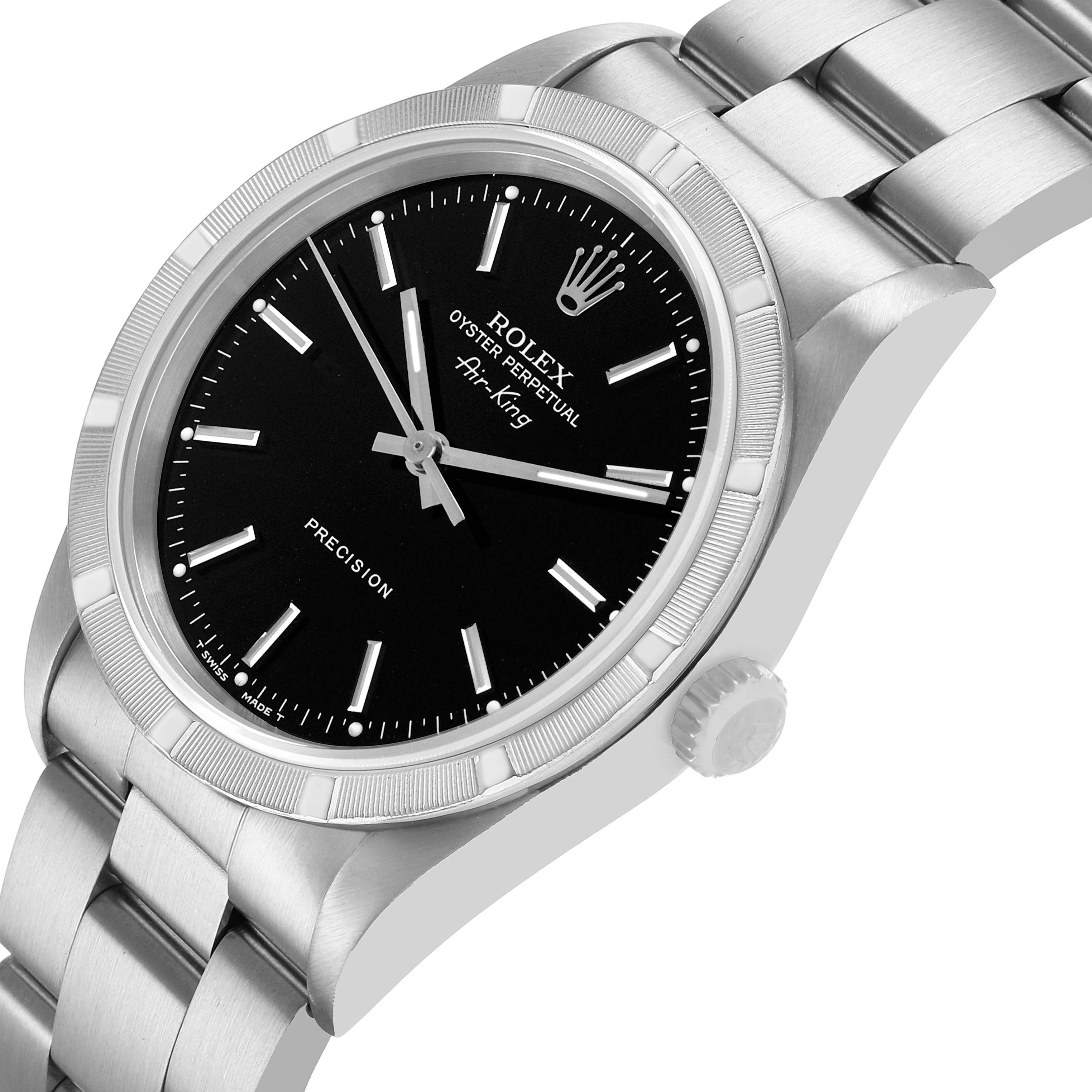 The Rolex Air-King 14010 Men's Stainless Steel Black Dial watch is shown at an angle highlighting its black dial, silver bezel, side crown, and metal bracelet.