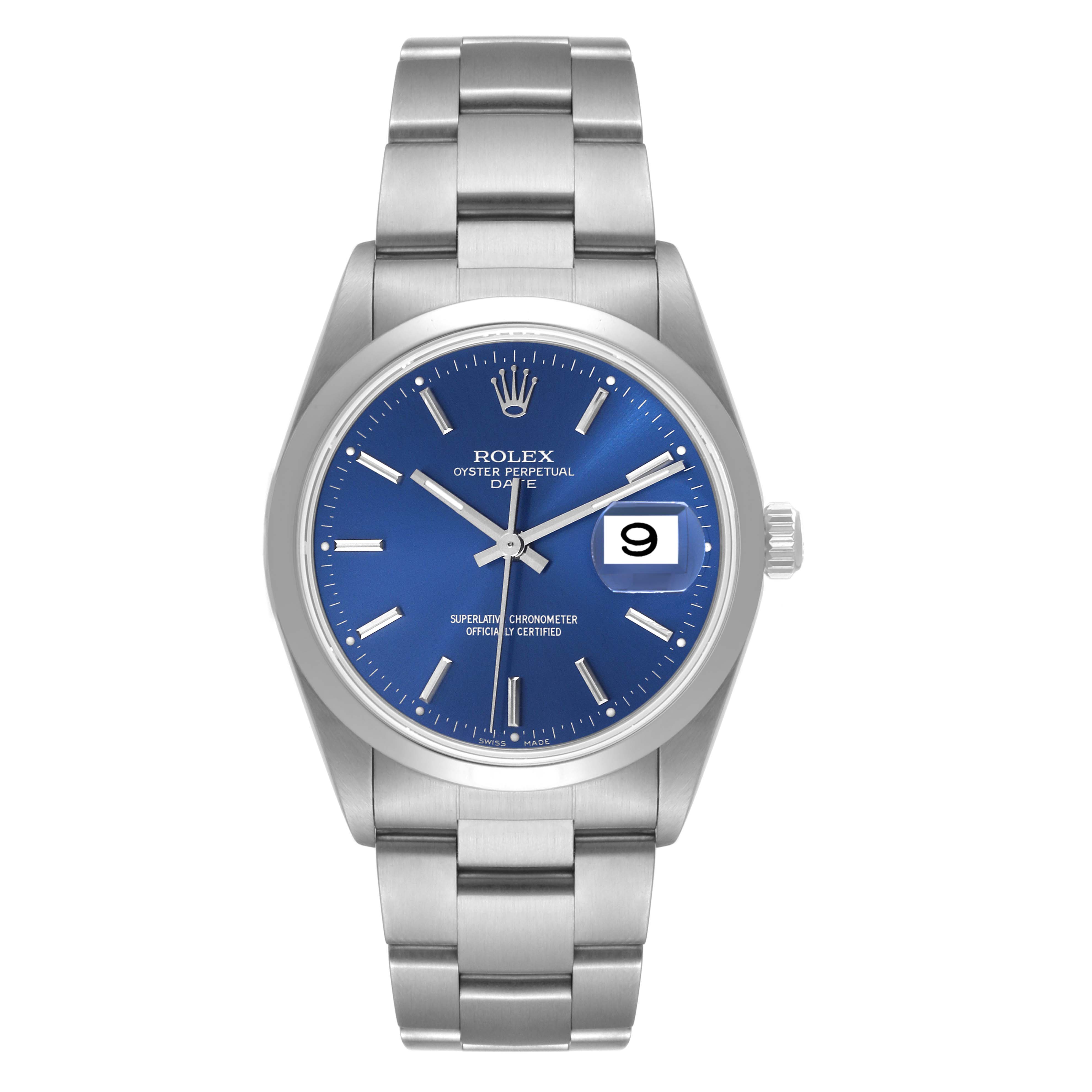 The Rolex Date 15200 Men's Stainless Steel Blue Dial 15200 Men's Stainless Steel Blue Dial model watch is shown from a front angle, featuring a blue dial, date display, and stainless steel bracelet.