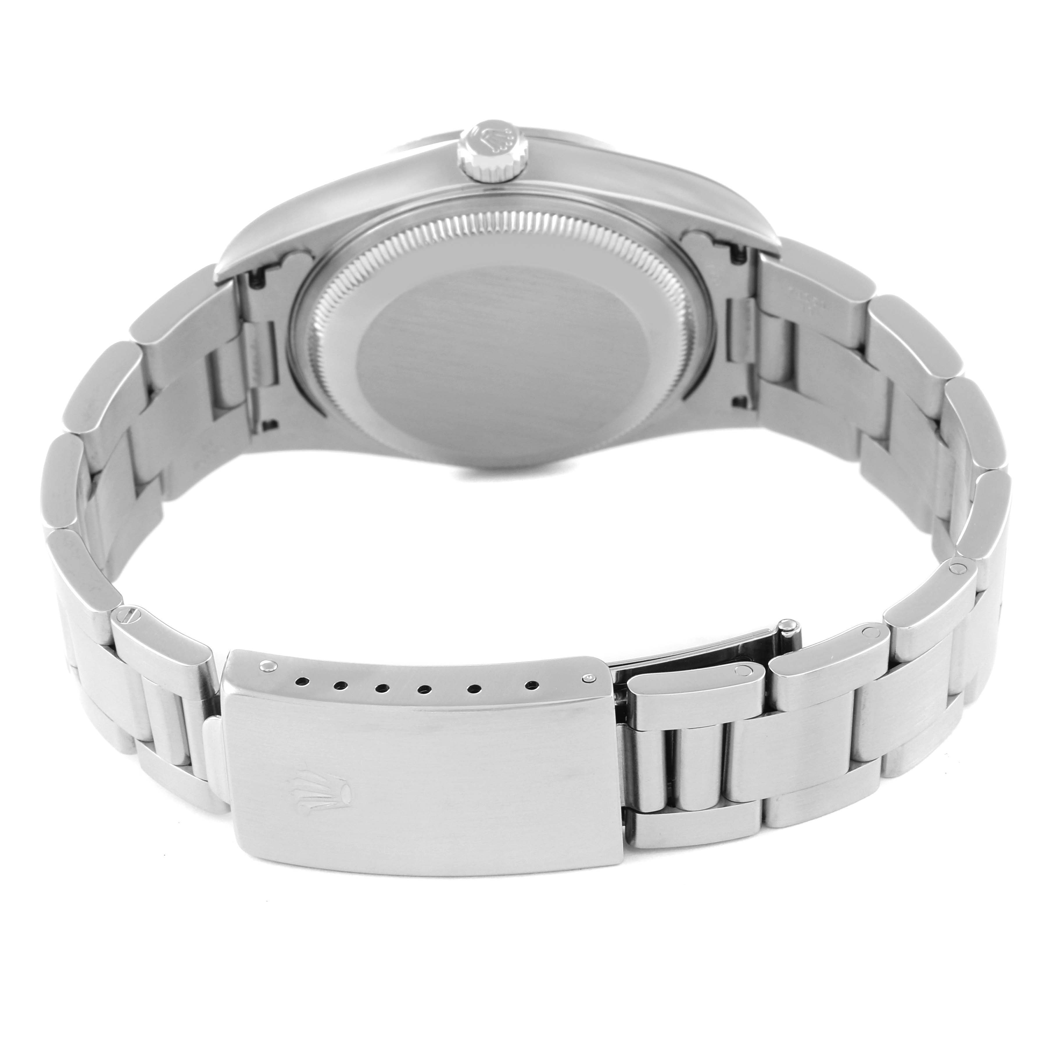 The image shows the back and bracelet of a Rolex Date 15200 Men's Stainless Steel Blue Dial 15200 Men's Stainless Steel Blue Dial model watch, with the case back and clasp visible.