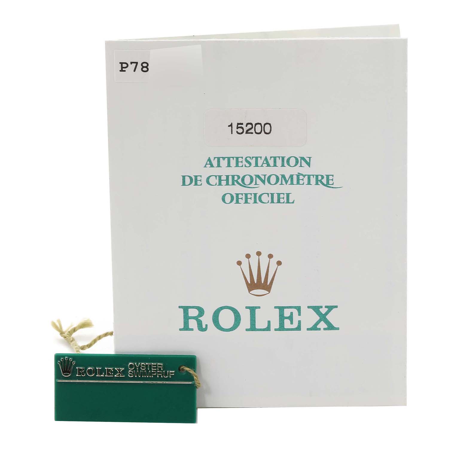 The image shows the official certification booklet and green tag for a Rolex Date 15200 Men's Stainless Steel Blue Dial 15200 Men's Stainless Steel Blue Dial model watch, with minor parts visible frontally.