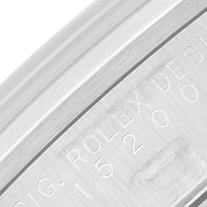 The close-up image shows the side of the casing with engraved details of the Rolex Date 15200 Men's Stainless Steel Blue Dial 15200 Men's Stainless Steel Blue Dial model watch.
