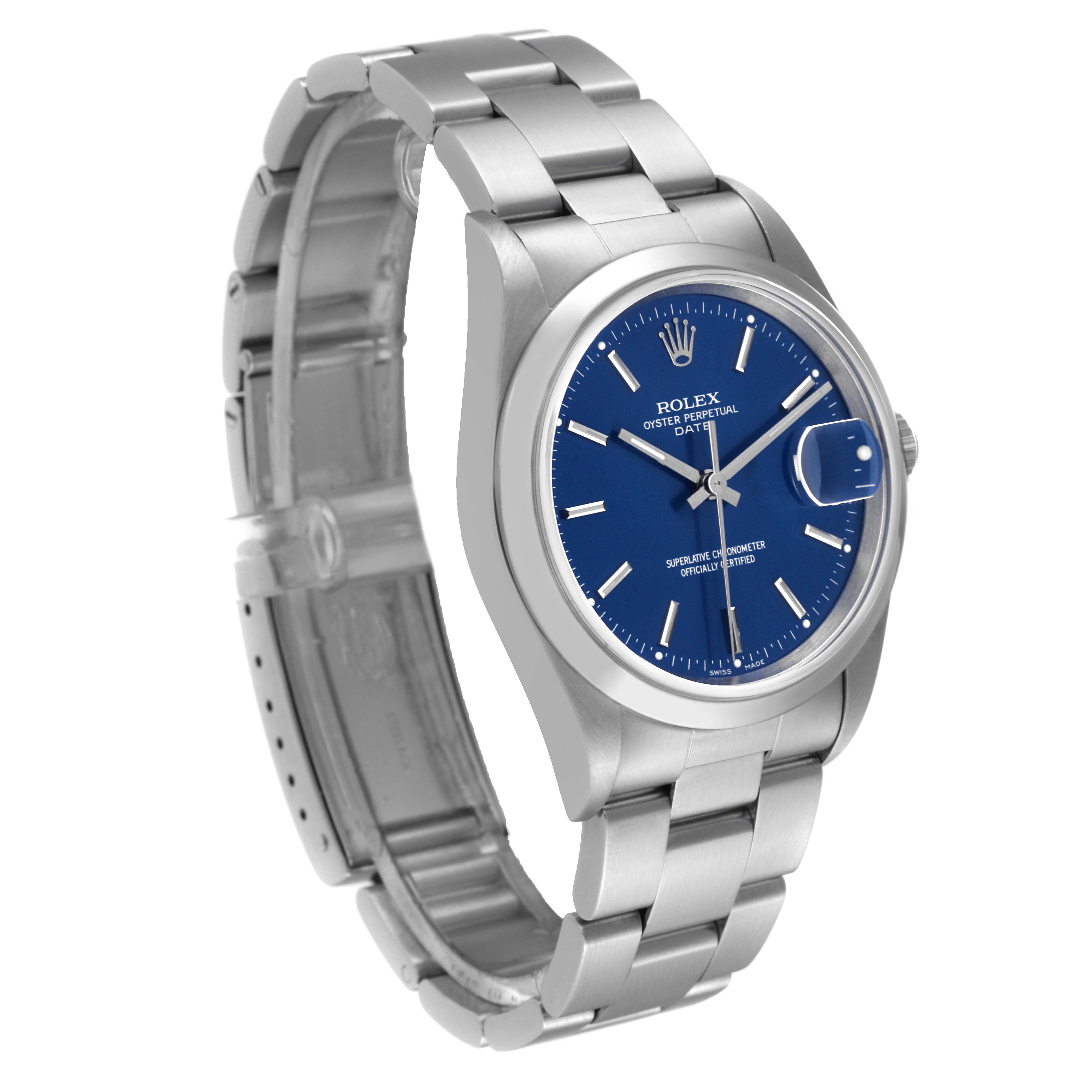 This image shows a side angle of the Rolex Date 15200 Men's Stainless Steel Blue Dial 15200 Men's Stainless Steel Blue Dial model watch, displaying the blue dial, case, and metal bracelet.