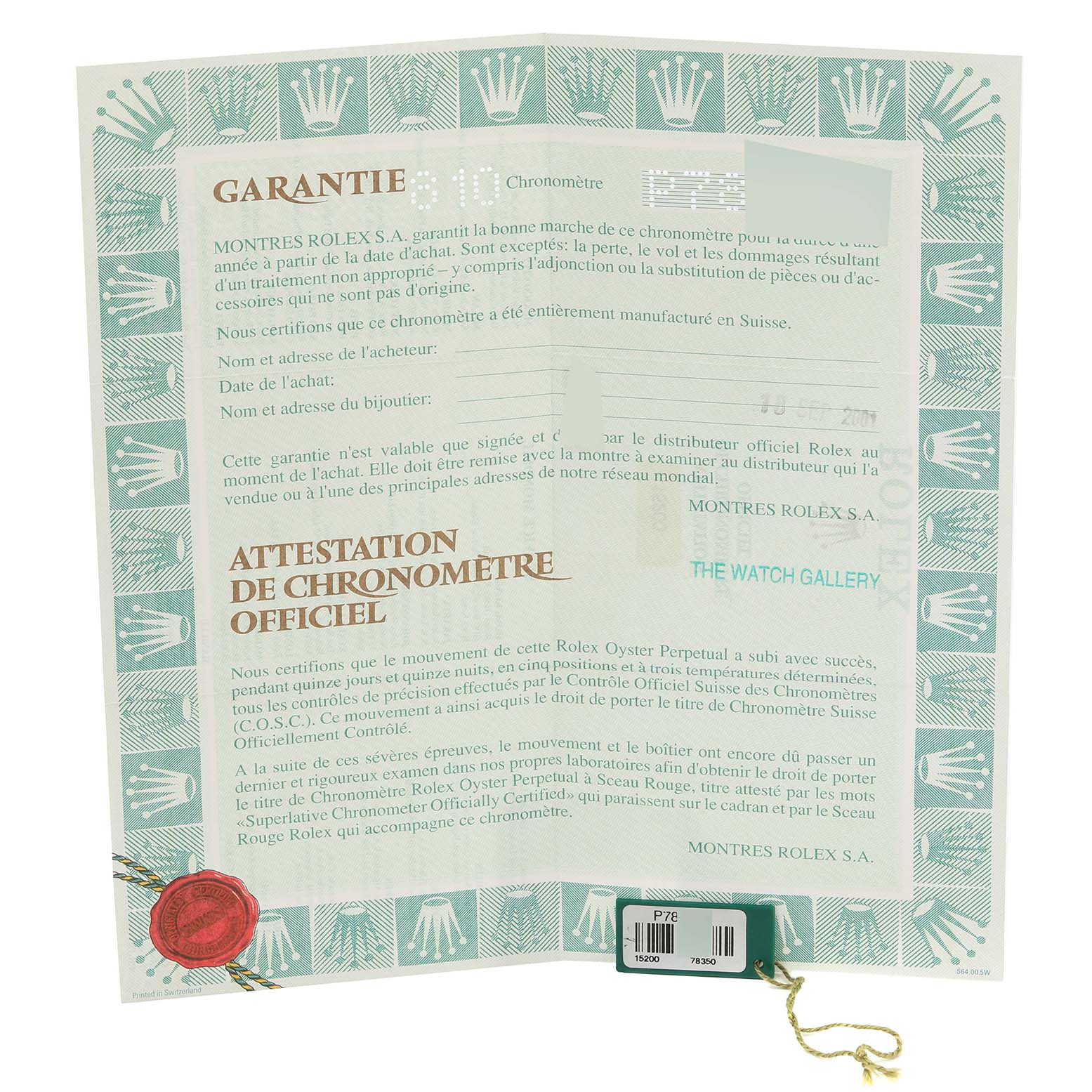 This image shows the warranty and certification papers for the Rolex Date 15200 Men's Stainless Steel Blue Dial 15200 Men's Stainless Steel Blue Dial model, along with the official tags and seal.