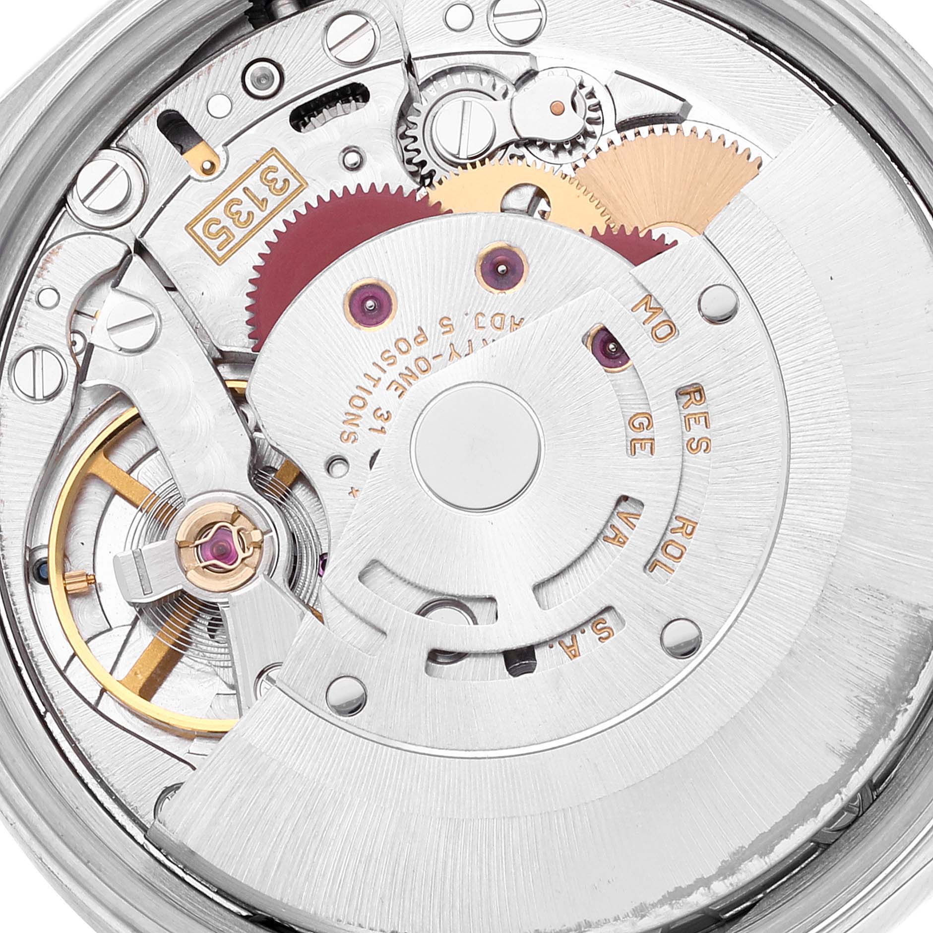 This image shows a close-up of the Rolex Date 15200 Men's Stainless Steel Blue Dial 15200 Men's Stainless Steel Blue Dial model's mechanical movement from a rear, interior angle.