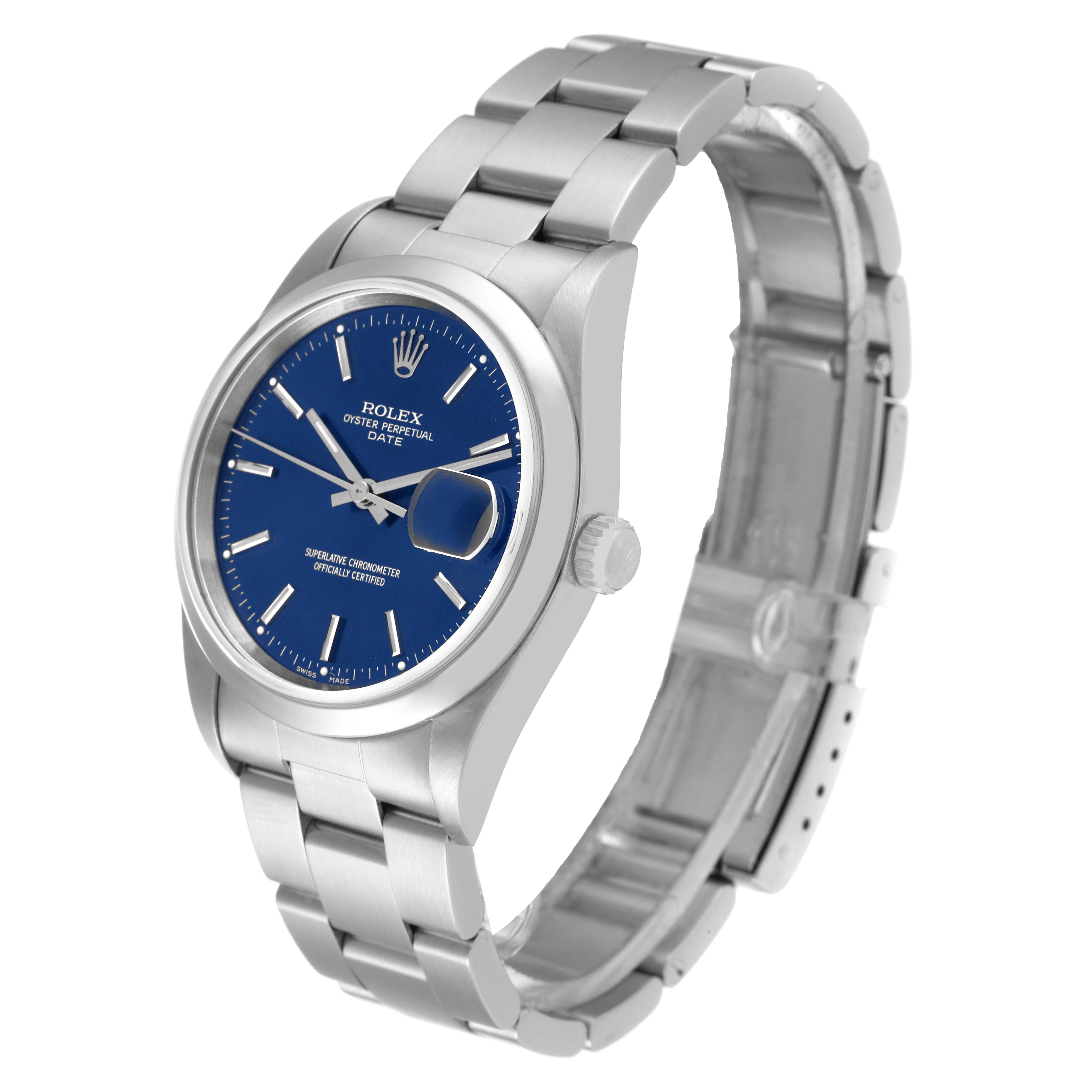 The watch is angled towards the right, showing the face, crown, and bracelet of the Rolex Date 15200 Men's Stainless Steel Blue Dial 15200 Men's Stainless Steel Blue Dial model.