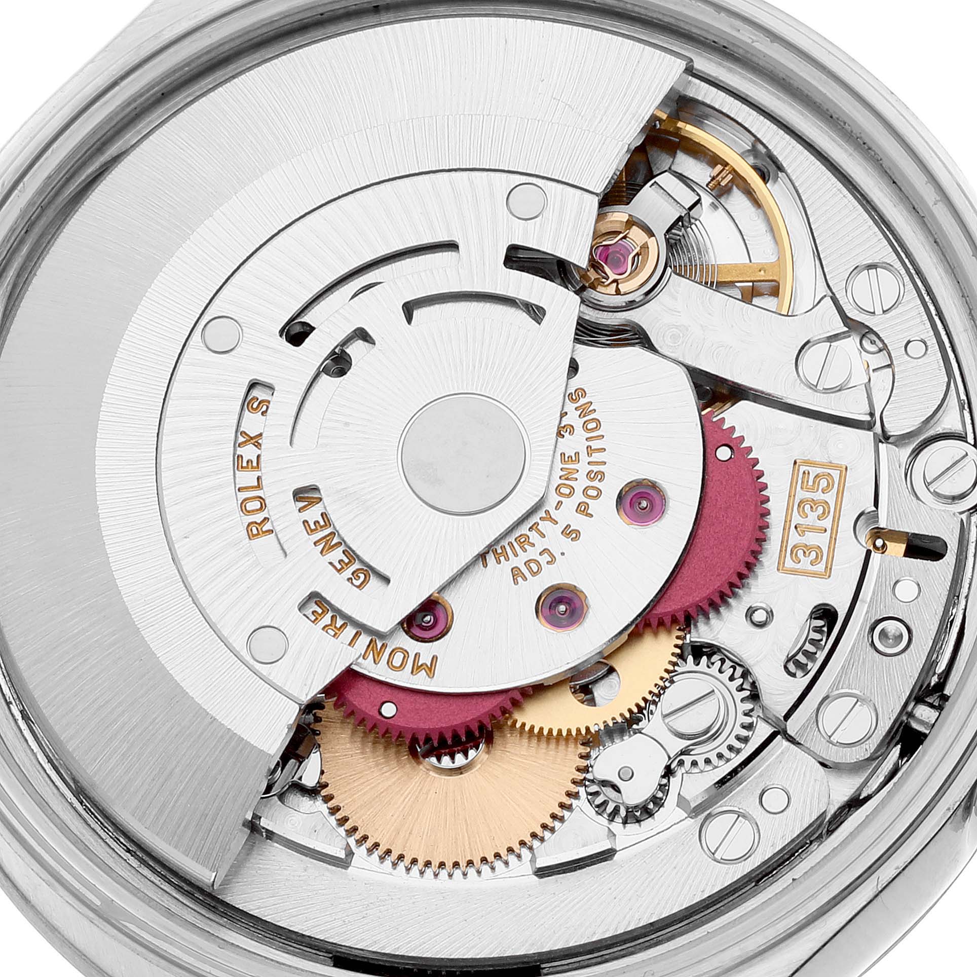 This image shows the intricate internal movement mechanism of the Rolex Date 15200 Men's Stainless Steel Silver Dial 15200 Men's Stainless Steel Silver Dial model watch from a close-up angle.