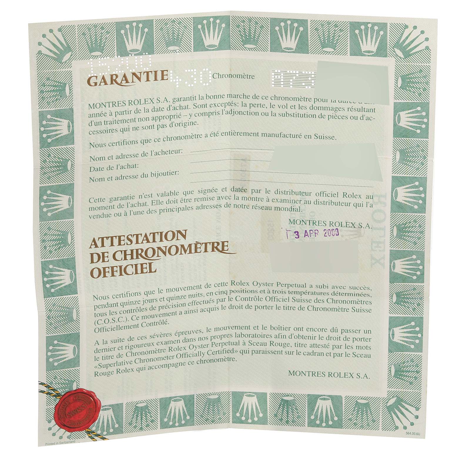 This image shows the warranty certificate for a Rolex Date 15200 Men's Stainless Steel Silver Dial 15200 Men's Stainless Steel Silver Dial model watch, including purchase details and chronometer certification.