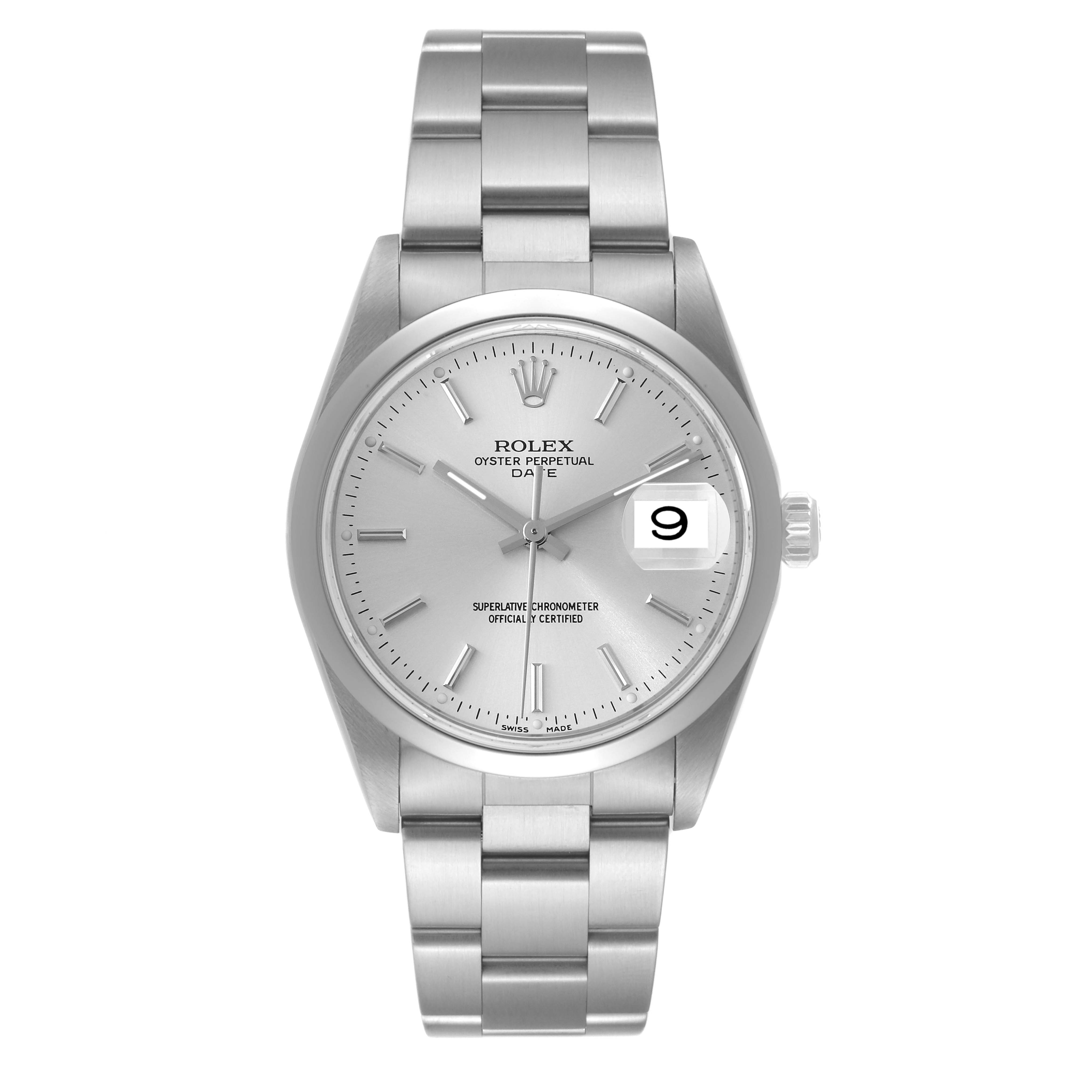 This image shows a front view of the Rolex Oyster Perpetual Date watch, highlighting the dial, bracelet, and date window.