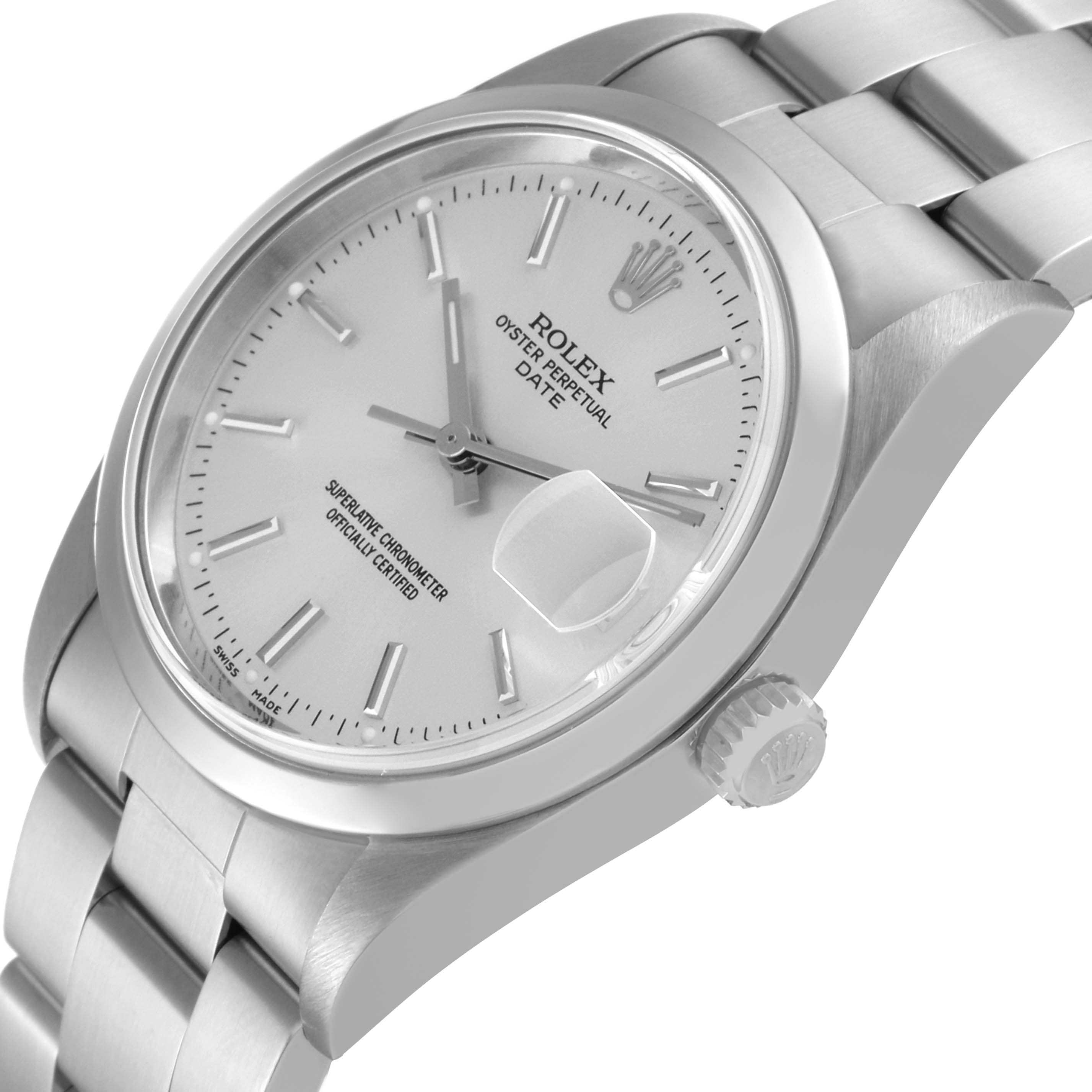 The image shows a close-up of the Rolex Date 15200 Men's Stainless Steel Silver Dial 15200 Men's Stainless Steel Silver Dial model from an angle highlighting its dial, date window, crown, and part of the bracelet.