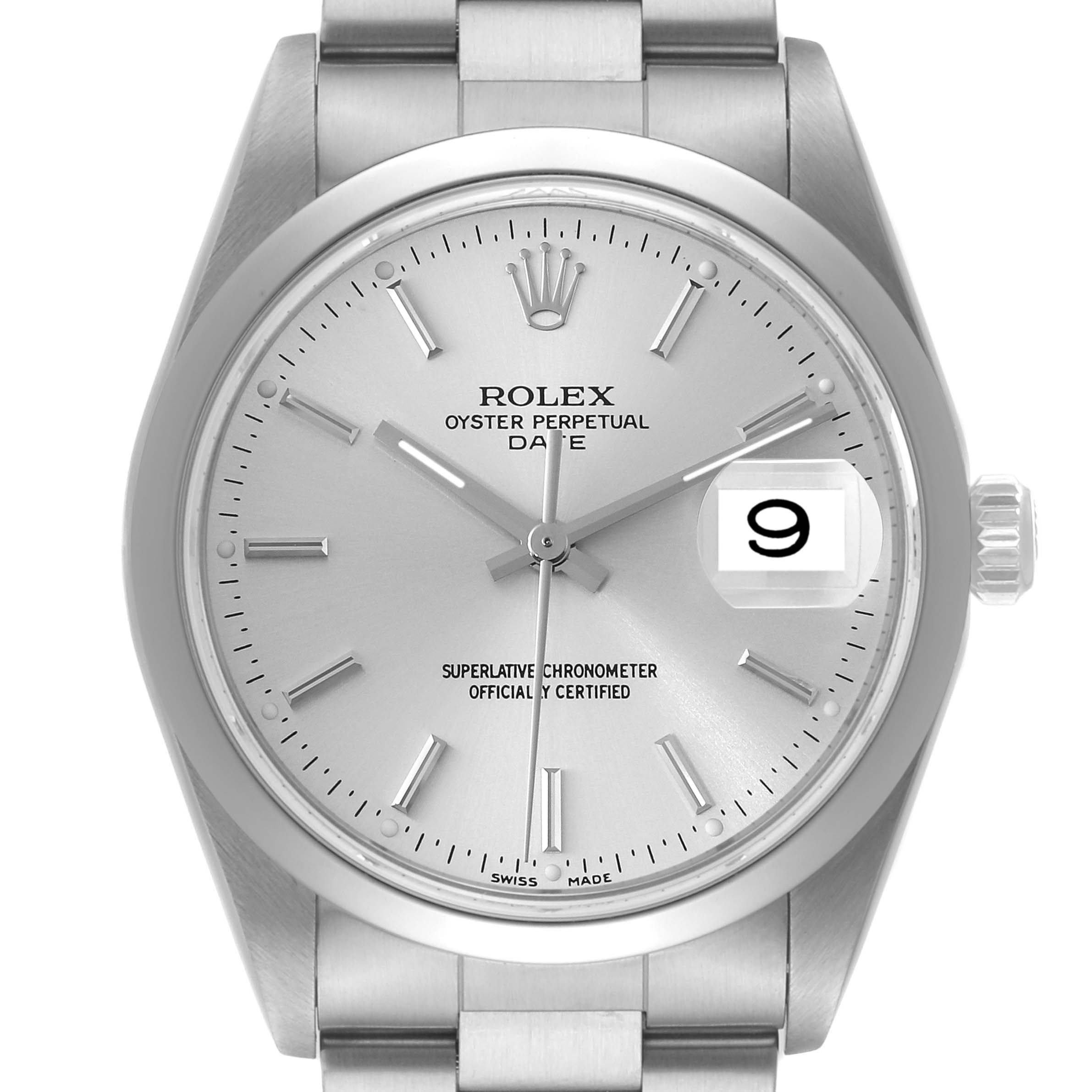 This image shows a front view of the Rolex Oyster Perpetual Date watch, including the dial, hour markers, hands, and date window.