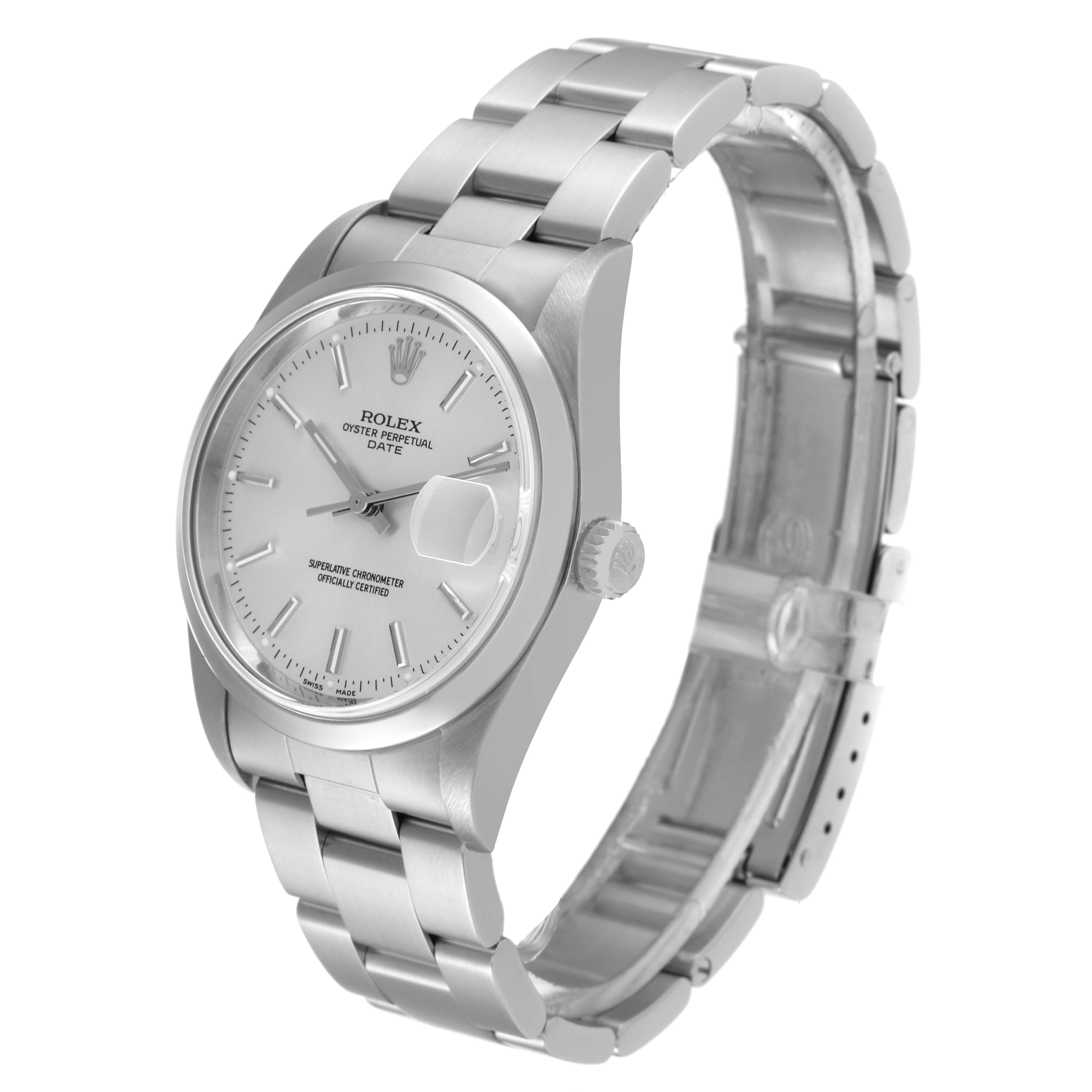 The image shows a Rolex Date 15200 Men's Stainless Steel Silver Dial 15200 Men's Stainless Steel Silver Dial model watch from a front angle, displaying the face, bracelet, and clasp.
