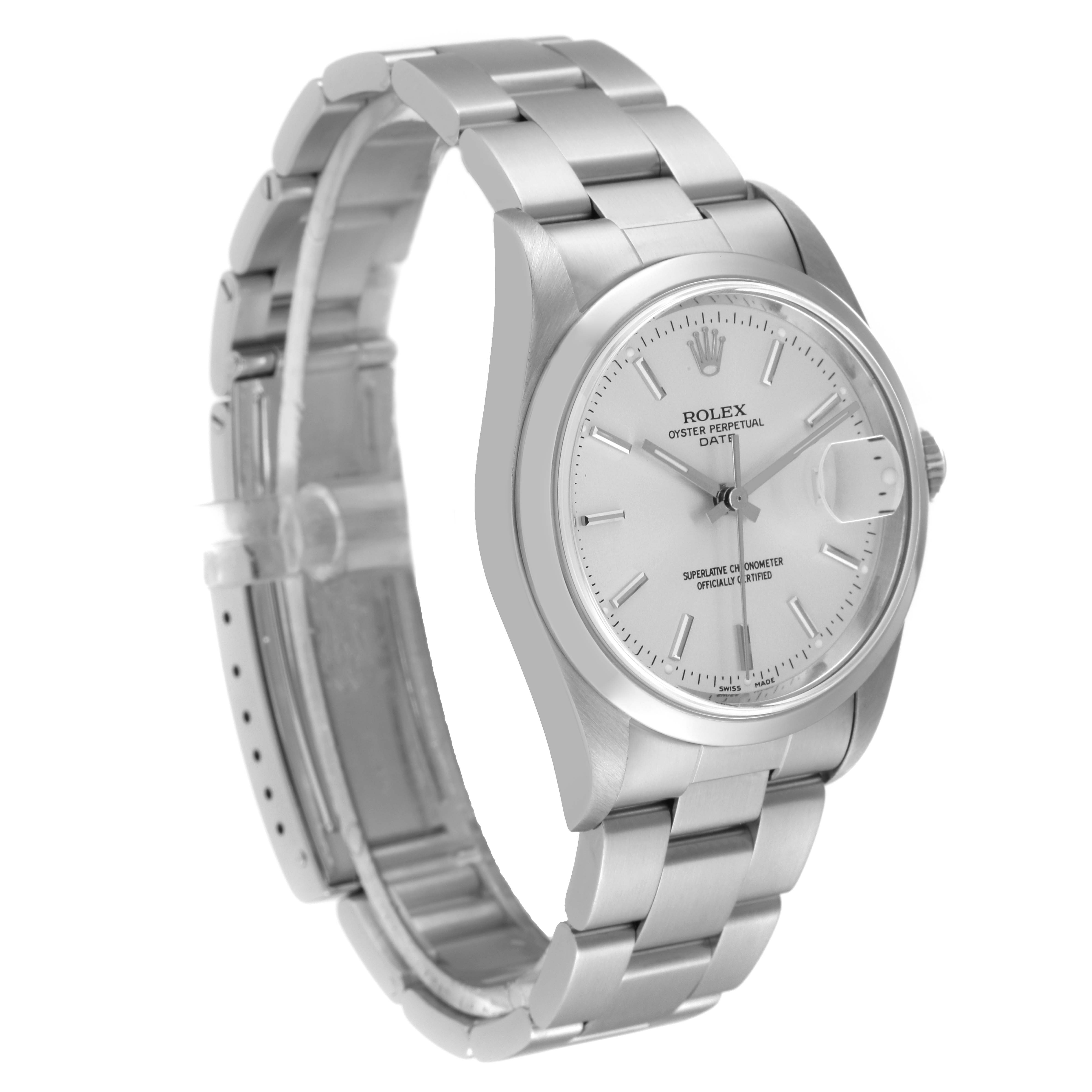 The image shows a Rolex Date 15200 Men's Stainless Steel Silver Dial 15200 Men's Stainless Steel Silver Dial model watch at a slightly tilted angle, highlighting the dial, bezel, and stainless steel bracelet.