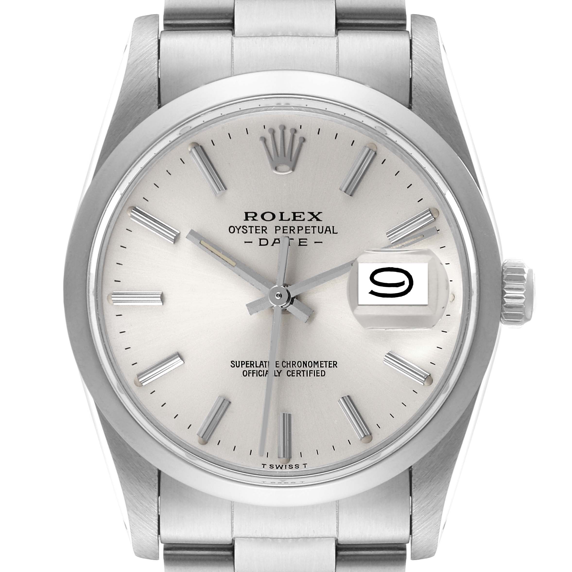 This is a head-on view of the Rolex Vintage Collection 15000 Men's Stainless Steel Silver Dial 15000 Men's Stainless Steel Silver Dial Oyster Perpetual Date watch, showing the face, bezel, and part of the bracelet.