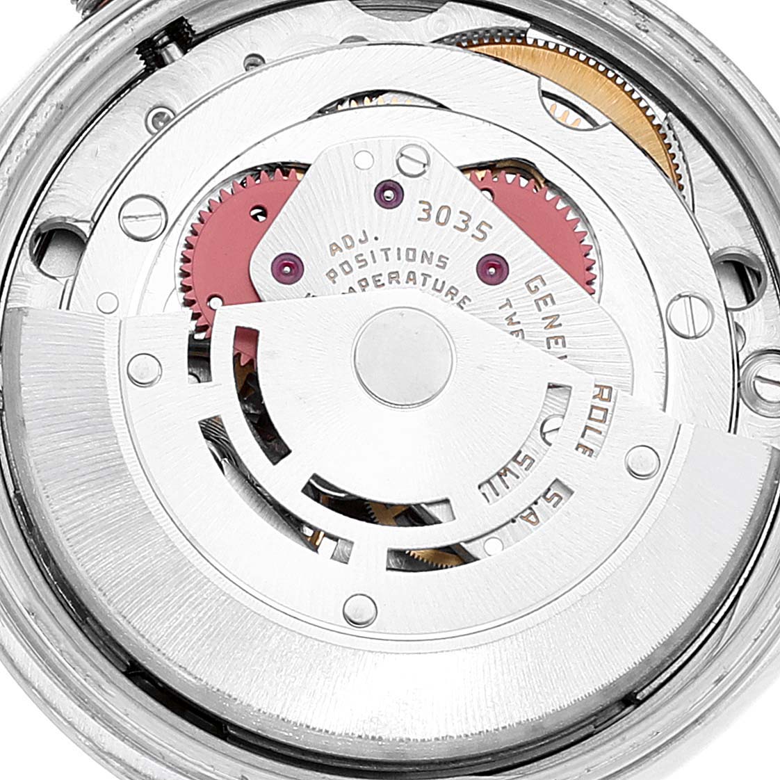 This image shows the intricate internal mechanism of a Rolex Vintage Collection 15000 Men's Stainless Steel Silver Dial 15000 Men's Stainless Steel Silver Dial watch, model 3035, focusing on its movement.