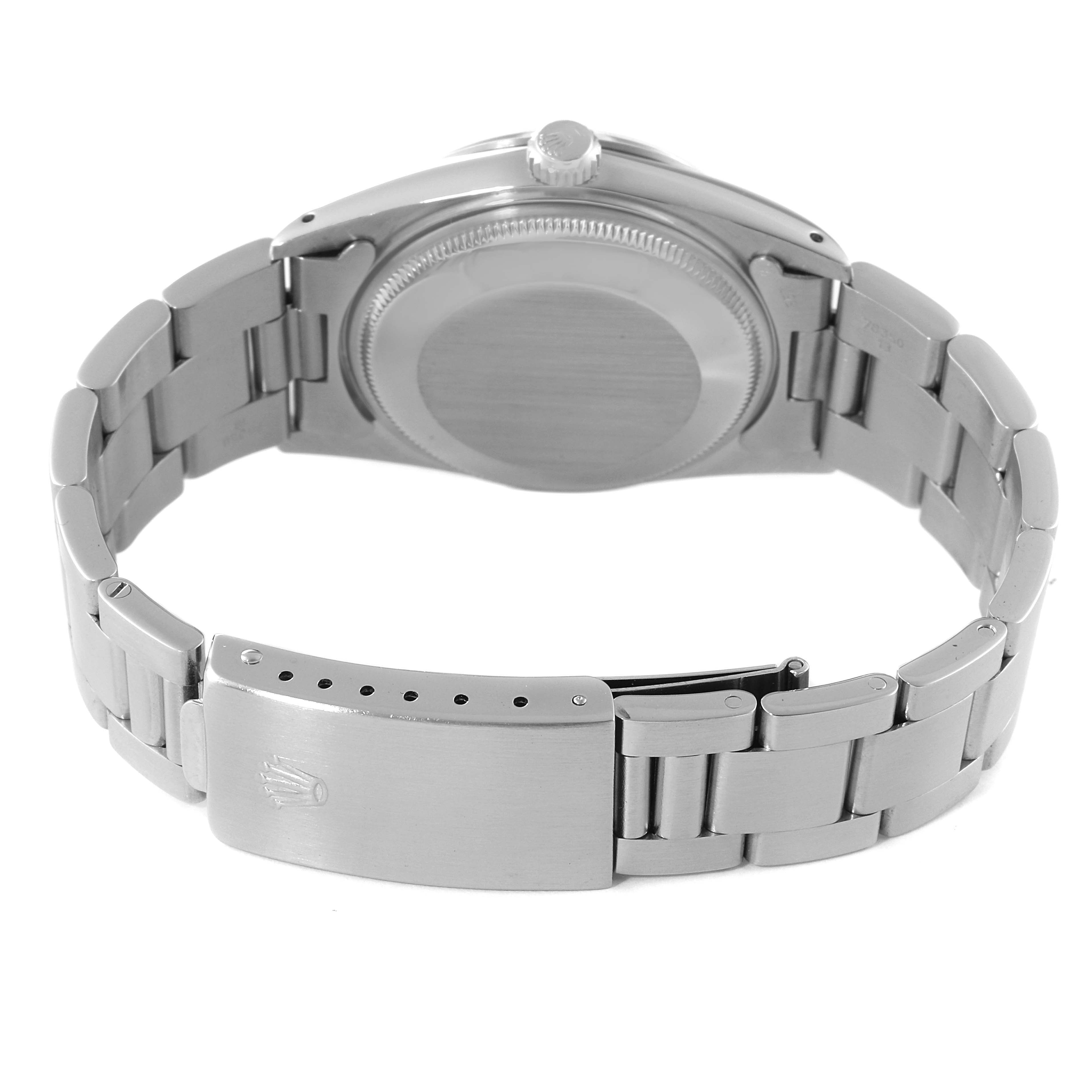 The image shows the back view of the Rolex Vintage Collection 15000 Men's Stainless Steel Silver Dial 15000 Men's Stainless Steel Silver Dial watch, highlighting the case back and bracelet with clasp.