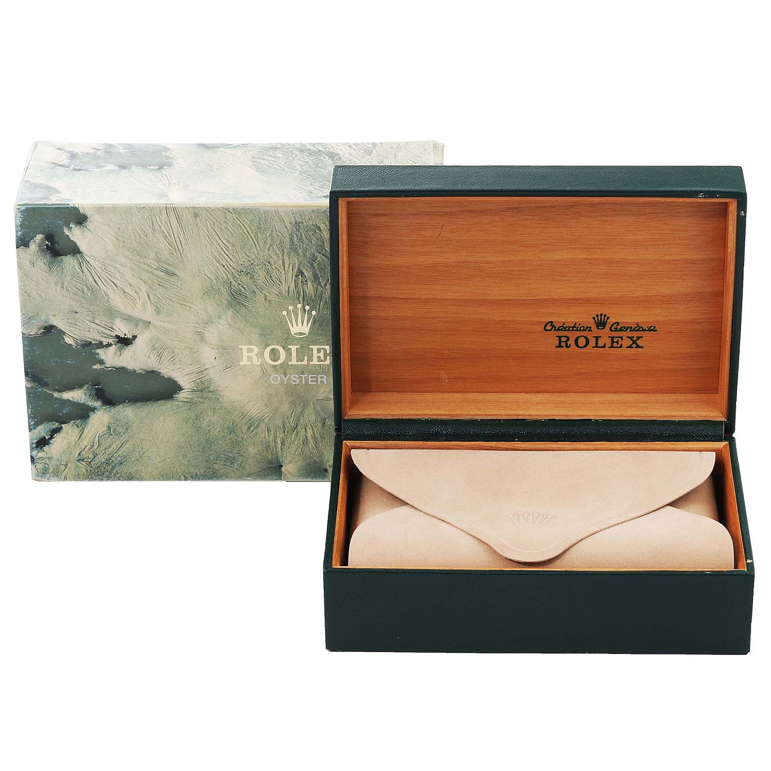 The image shows the packaging and box for a Rolex Vintage Collection 15000 Men's Stainless Steel Silver Dial 15000 Men's Stainless Steel Silver Dial model, including an outer box, inner wooden box, and leather pouch.