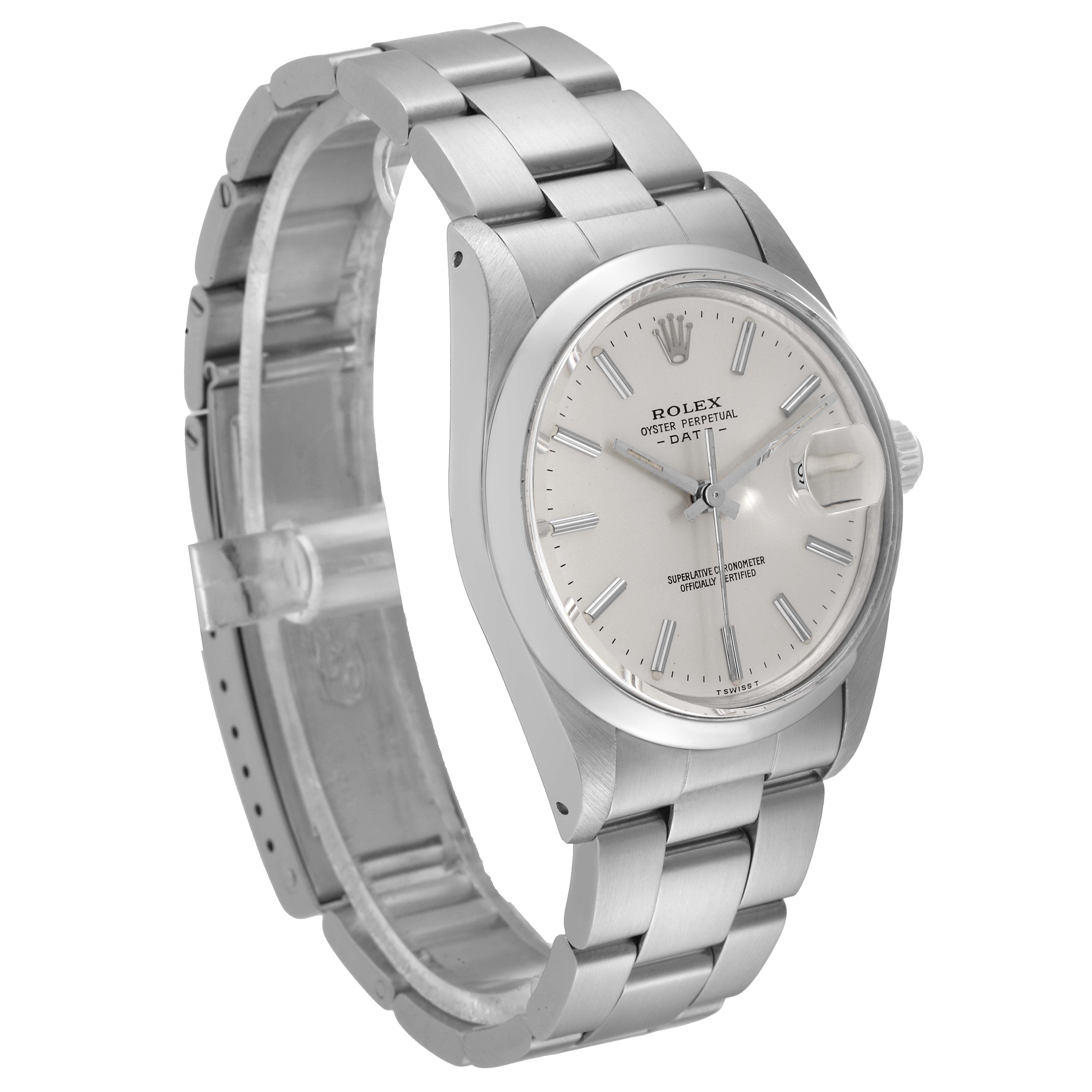 The image shows a side angle of a Rolex Vintage Collection 15000 Men's Stainless Steel Silver Dial 15000 Men's Stainless Steel Silver Dial watch, displaying the face, bezel, and metal bracelet.