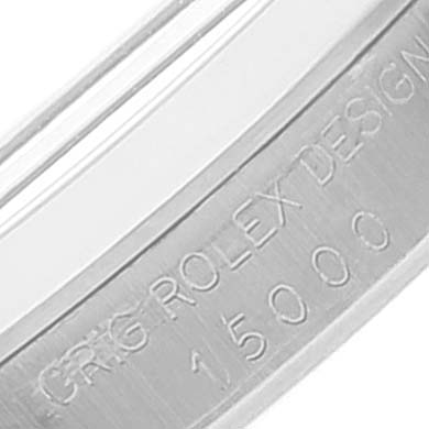 Close-up of the inner case engraving on the Rolex Vintage Collection 15000 Men's Stainless Steel Silver Dial 15000 Men's Stainless Steel Silver Dial model, showing "ORIG ROLEX DESIGN" and "15000".