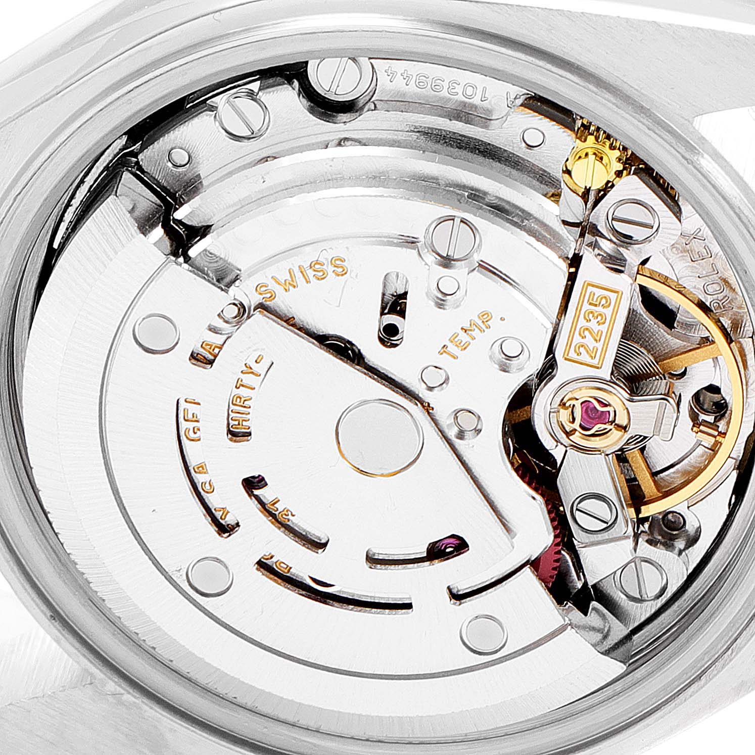 This image shows a close-up of the movement mechanism inside a Rolex Datejust 79173 Women
s Steel and Gold (two tone) White Dial 79173 Women
s Steel and Gold (two tone) White Dial watch.