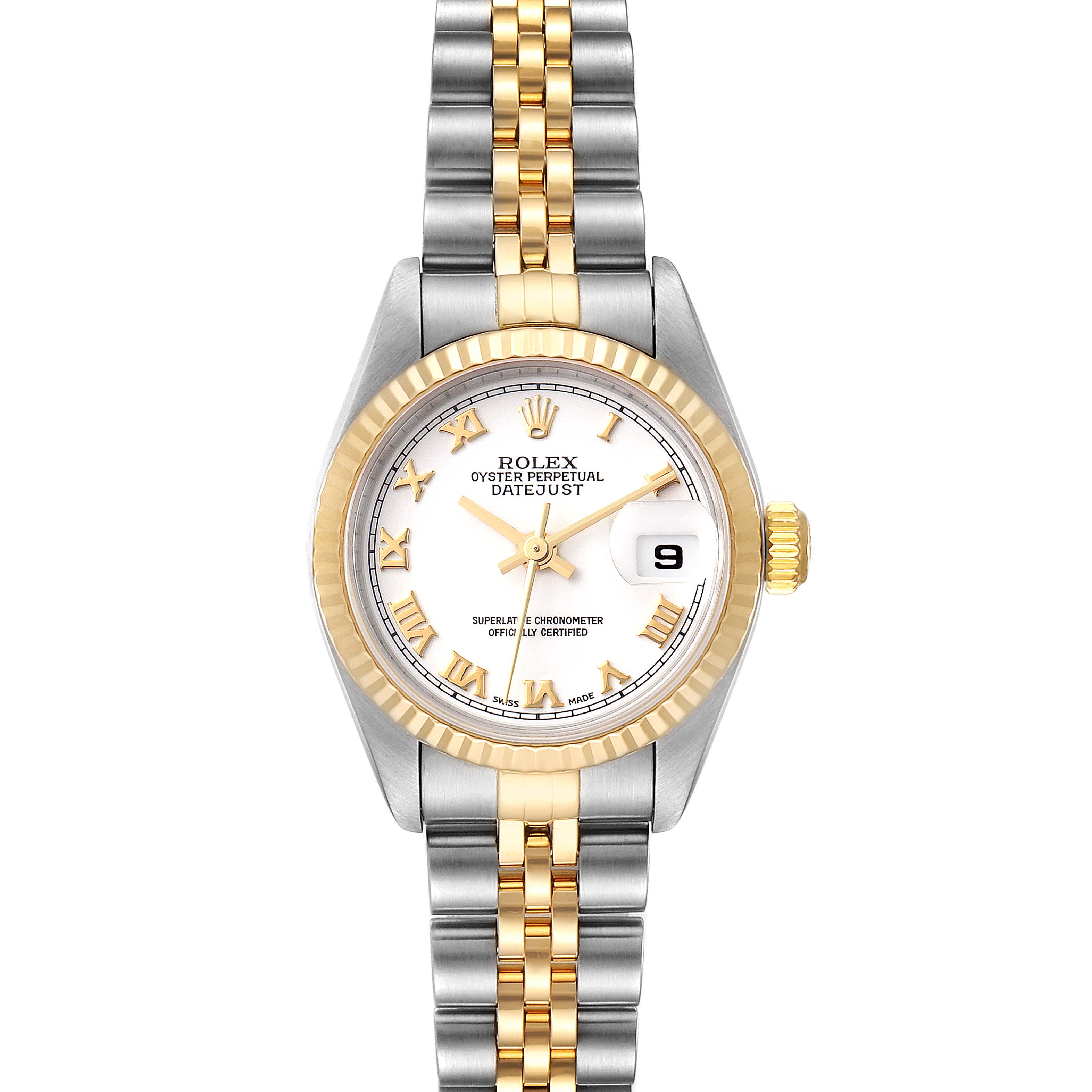 This Rolex Datejust 79173 Women
s Steel and Gold (two tone) White Dial 79173 Women
s Steel and Gold (two tone) White Dial watch is shown from a front angle, displaying its face, bezel, and bracelet.