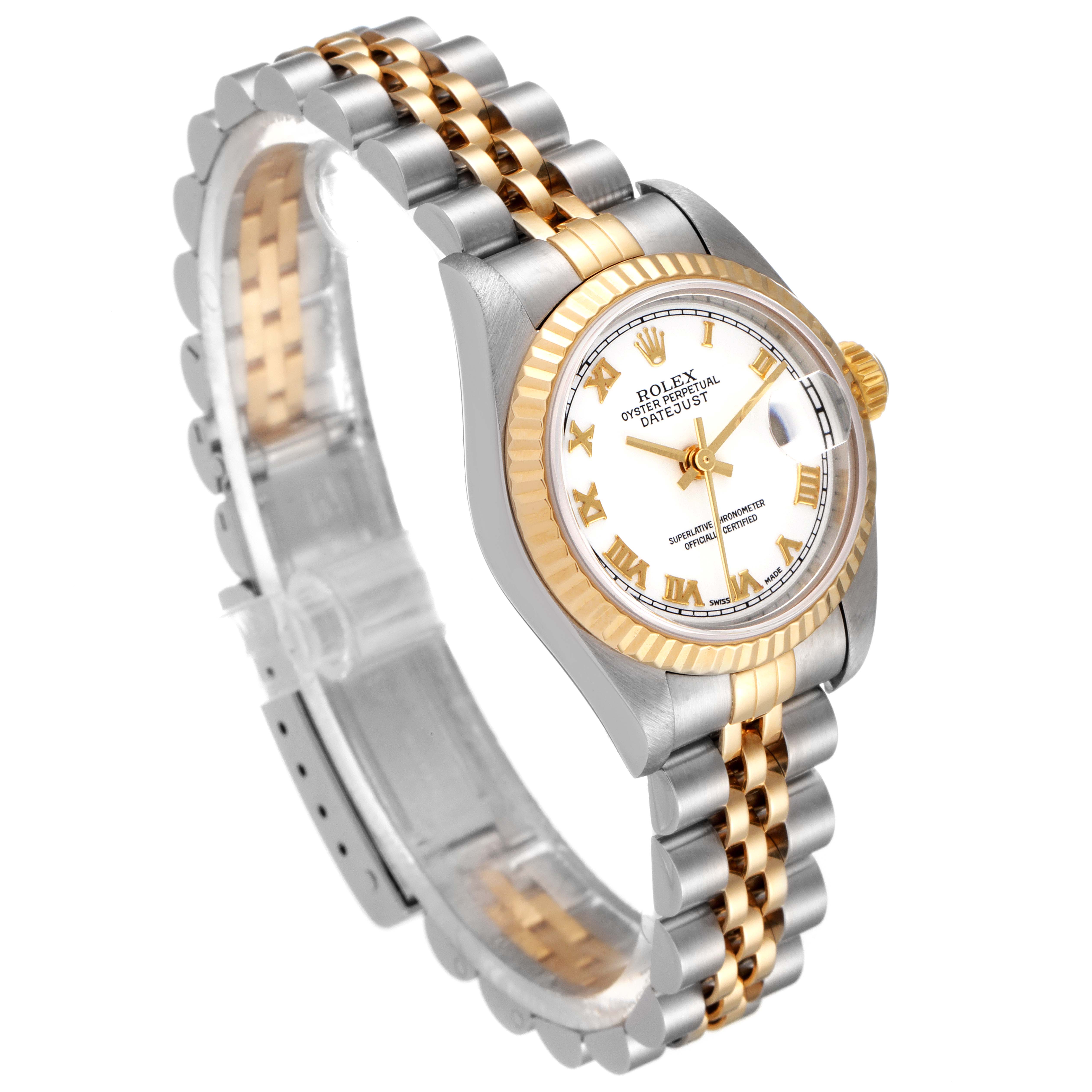 The Rolex Datejust 79173 Women
s Steel and Gold (two tone) White Dial 79173 Women
s Steel and Gold (two tone) White Dial model is shown at an angle highlighting its dial, bezel, crown, and dual-tone bracelet.