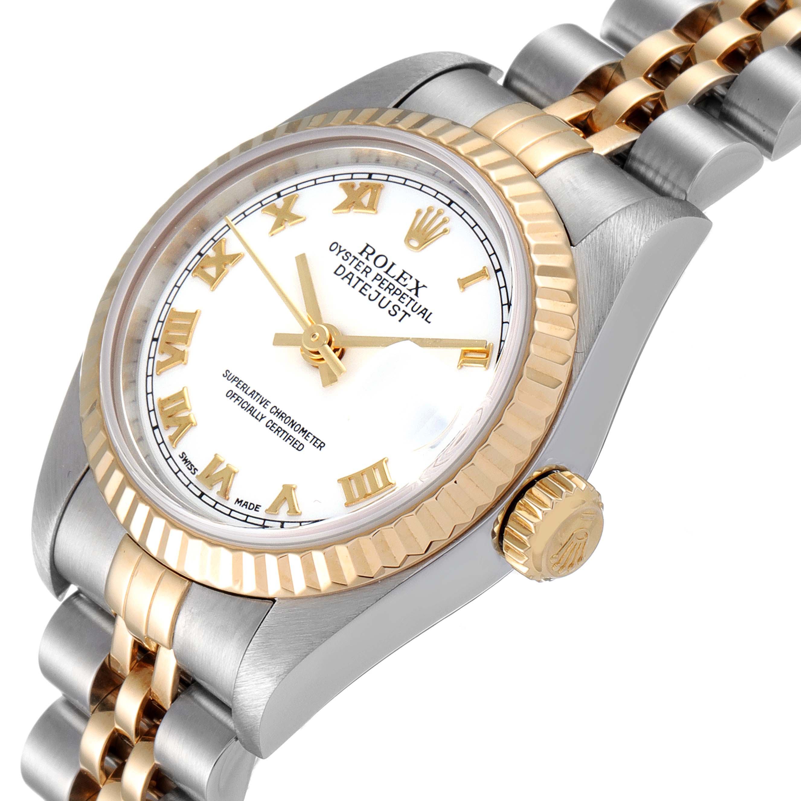 The image shows a close-up angled view of the Rolex Datejust 79173 Women
s Steel and Gold (two tone) White Dial 79173 Women
s Steel and Gold (two tone) White Dial watch, displaying the dial, bezel, crown, and part of the bracelet.