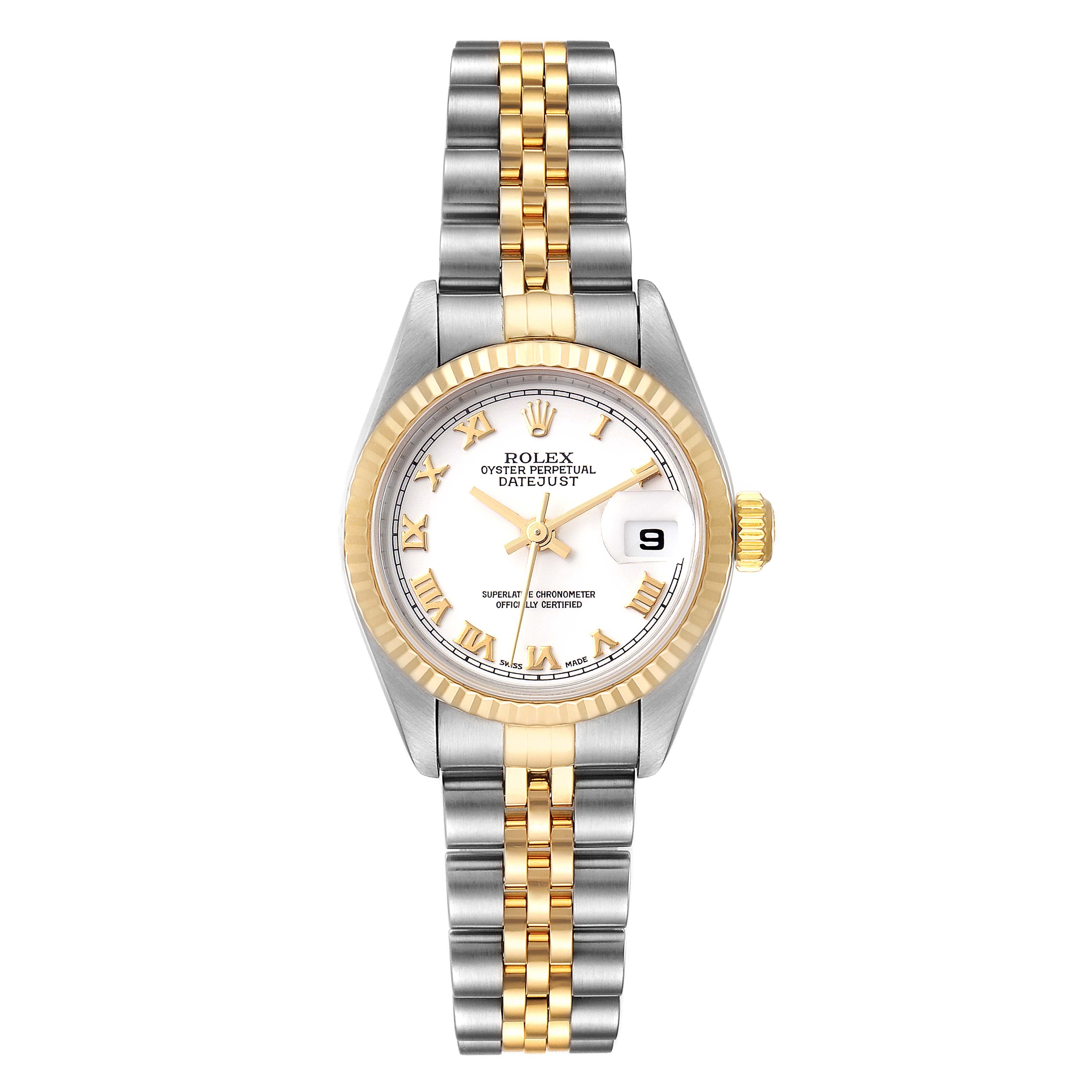 The image shows a frontal view of the Rolex Datejust 79173 Women
s Steel and Gold (two tone) White Dial 79173 Women
s Steel and Gold (two tone) White Dial watch, featuring its dial, bezel, bracelet, and crown.