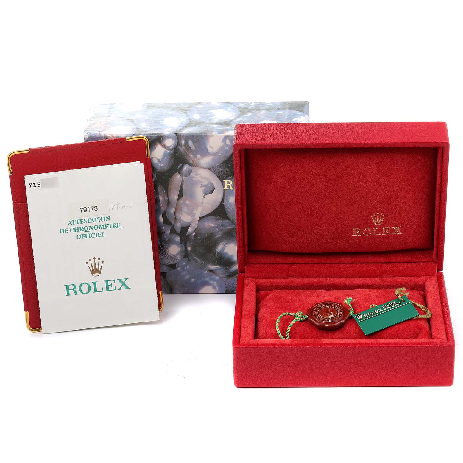 The image shows the packaging, certification, and tags for a Rolex Datejust 79173 Women
s Steel and Gold (two tone) White Dial 79173 Women
s Steel and Gold (two tone) White Dial model watch, but the watch itself is not visible.