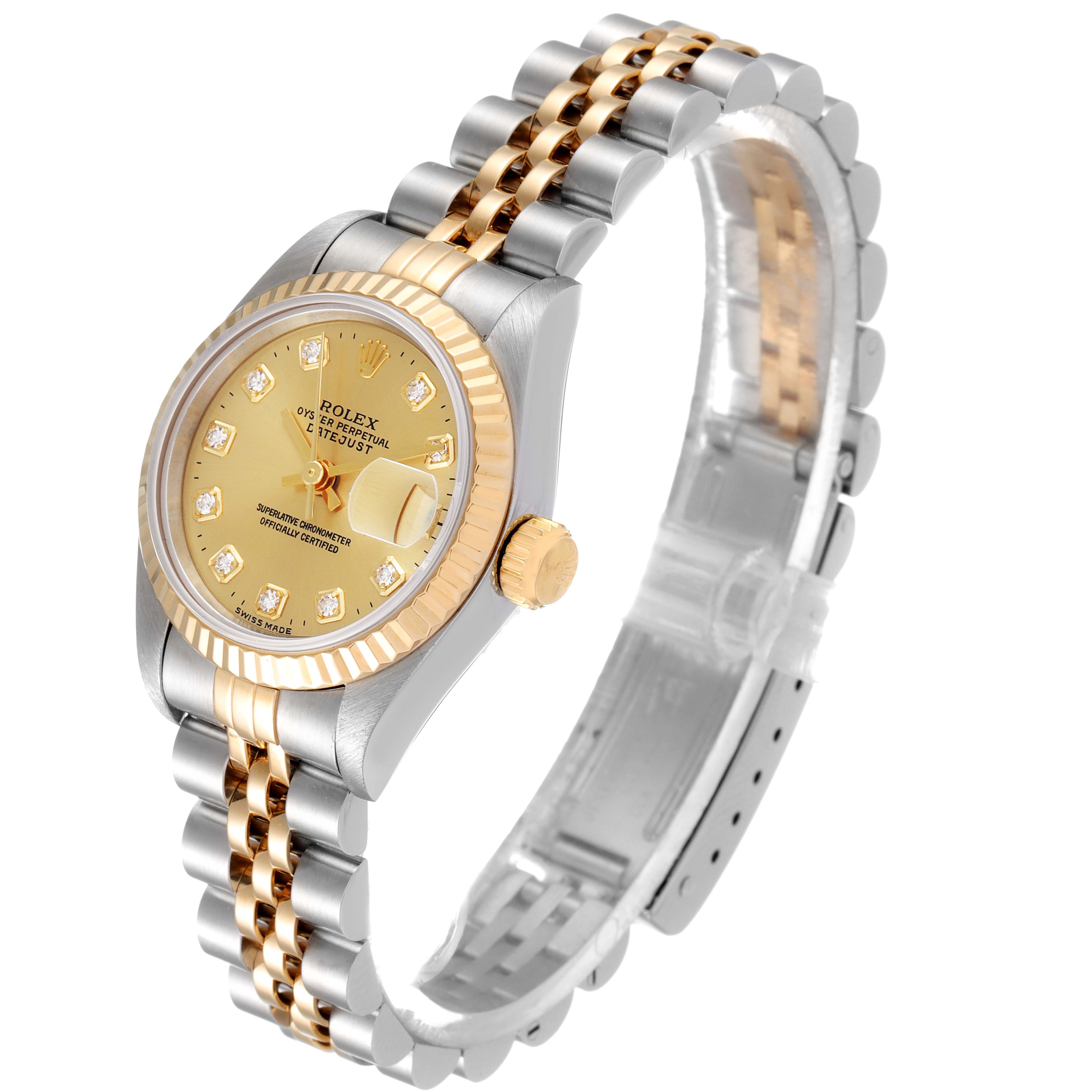 This image shows a Rolex Datejust 69173 Women
s Steel and Gold (two tone) Champagne Dial 69173 Women
s Steel and Gold (two tone) Champagne Dial watch at a three-quarter angle, displaying the face, fluted bezel, crown, and Jubilee bracelet.