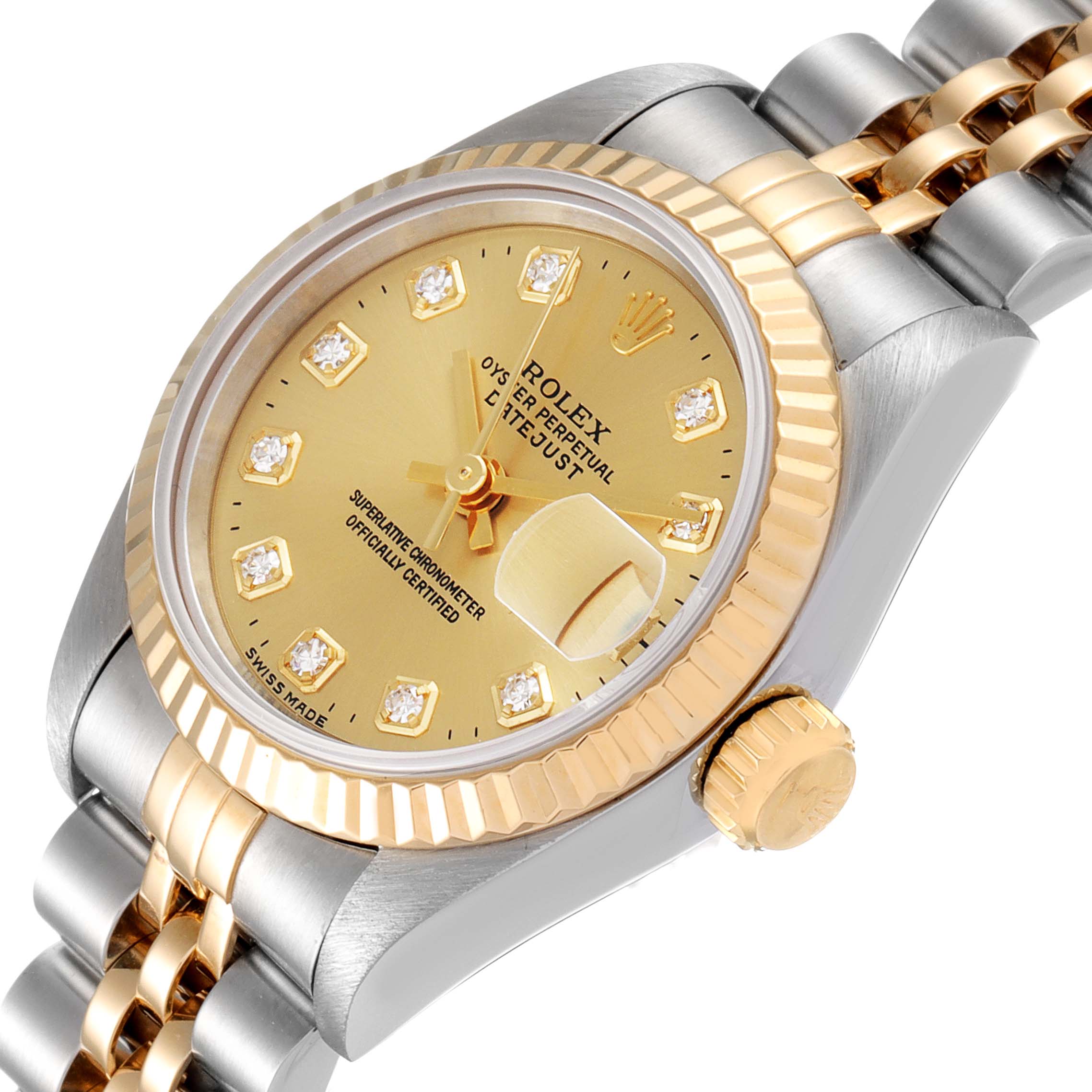 This image shows a close-up of a Rolex Datejust 69173 Women
s Steel and Gold (two tone) Champagne Dial 69173 Women
s Steel and Gold (two tone) Champagne Dial watch, highlighting the dial, bezel, crown, and bracelet.