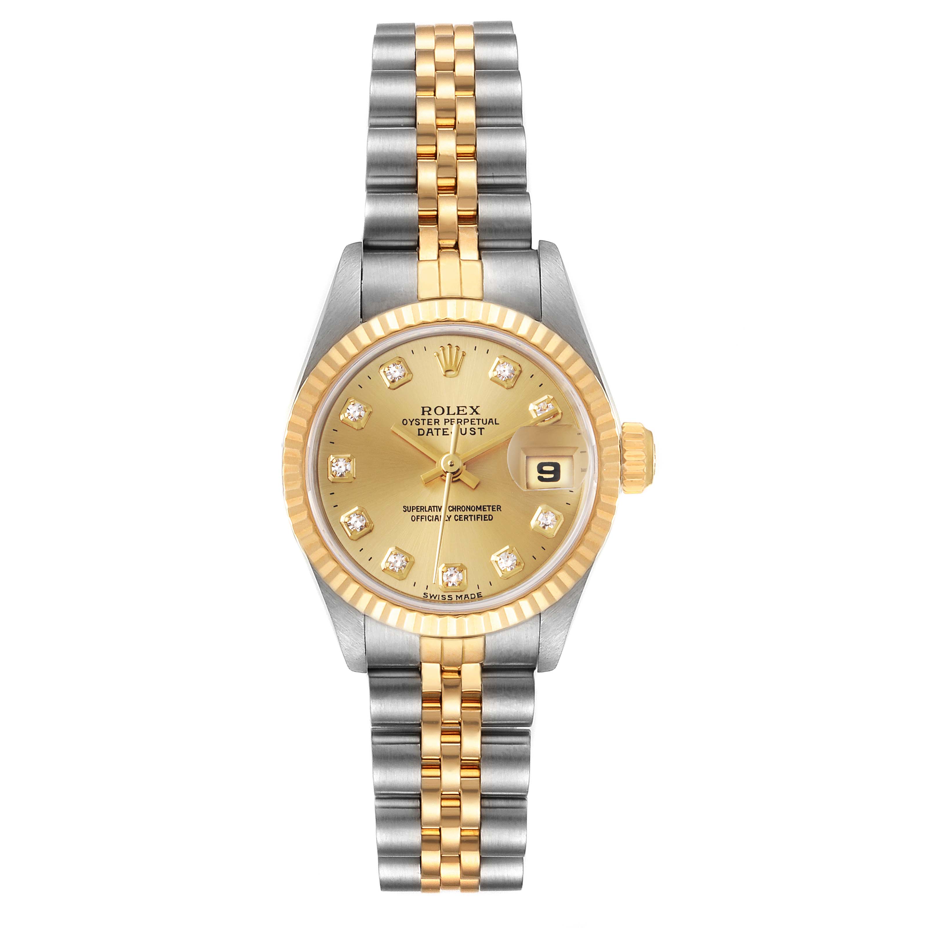 The image shows a front view of a Rolex Datejust 69173 Women
s Steel and Gold (two tone) Champagne Dial 69173 Women
s Steel and Gold (two tone) Champagne Dial watch with a two-tone bracelet, gold dial, and date window at 3 o
clock.