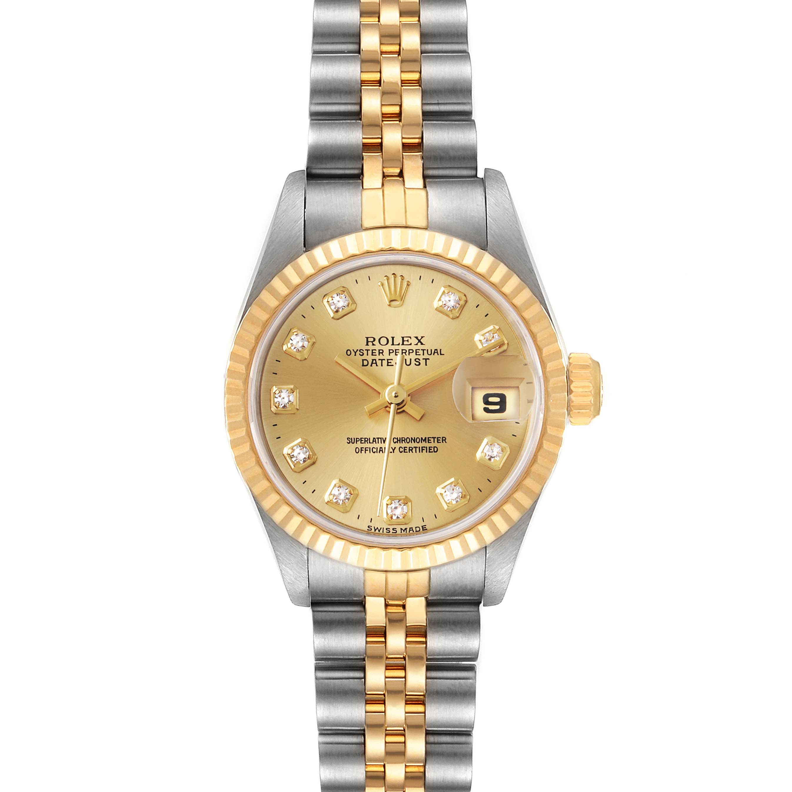 This image shows a Rolex Datejust 69173 Women
s Steel and Gold (two tone) Champagne Dial 69173 Women
s Steel and Gold (two tone) Champagne Dial watch from a top-down angle, featuring a two-tone bracelet, gold dial, and fluted bezel.