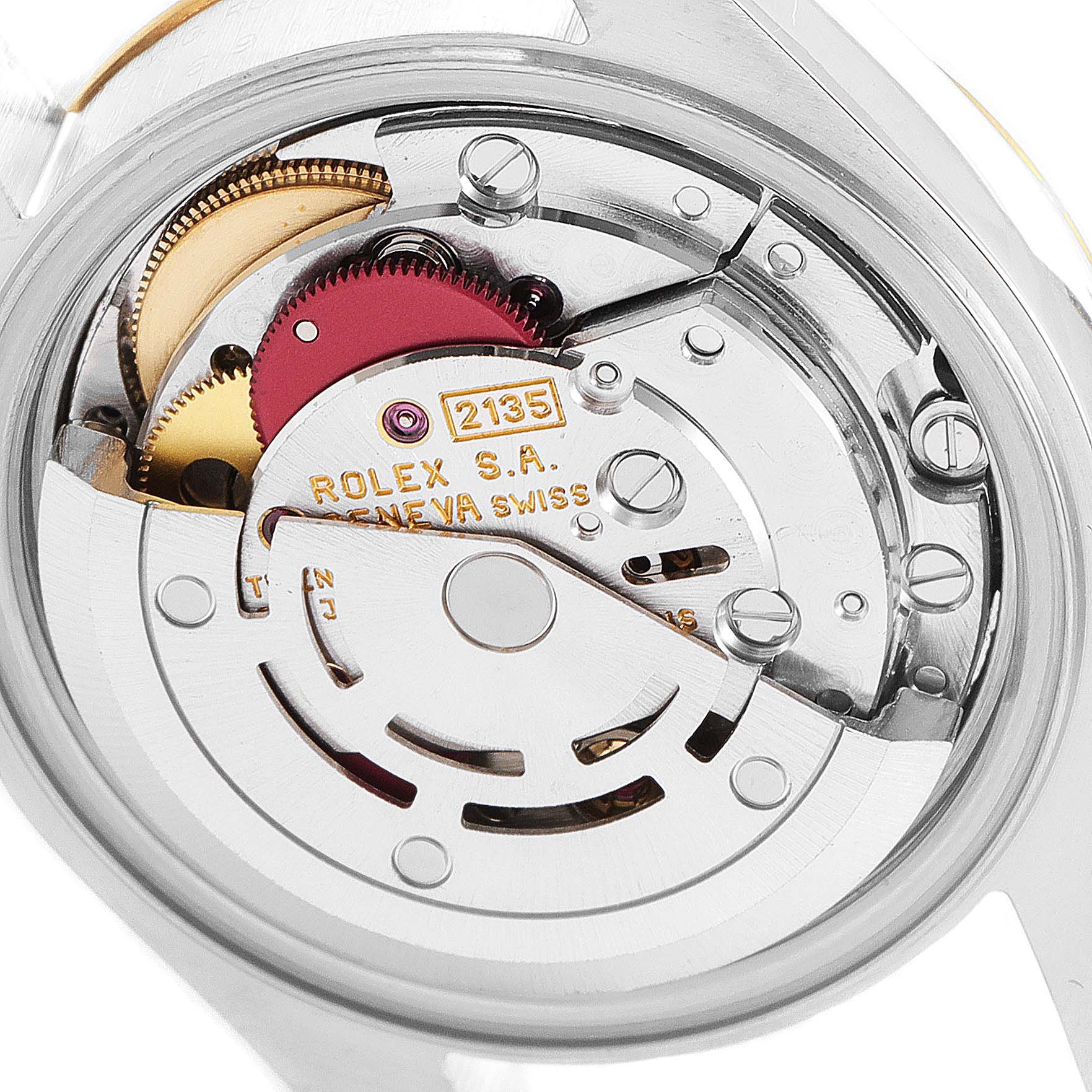 This image shows the movement mechanism of a Rolex Datejust 69173 Women
s Steel and Gold (two tone) Champagne Dial 69173 Women
s Steel and Gold (two tone) Champagne Dial watch from a close-up angle.