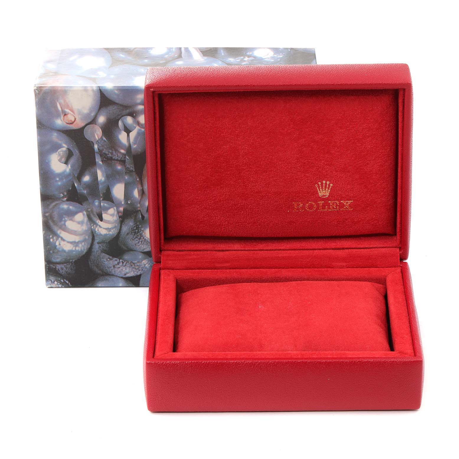 This image displays an open red Rolex watch box and its outer packaging, suitable for a Datejust model.