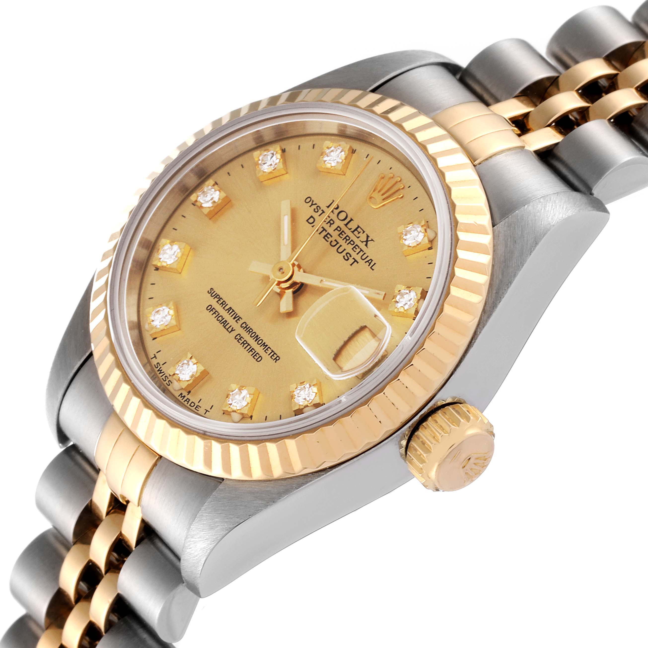 The Rolex Datejust 69173 Women's Steel and Gold (two tone) Champagne Dial 69173 Women's Steel and Gold (two tone) Champagne Dial watch is shown at an angled view, highlighting the dial, bezel, crown, and bracelet.